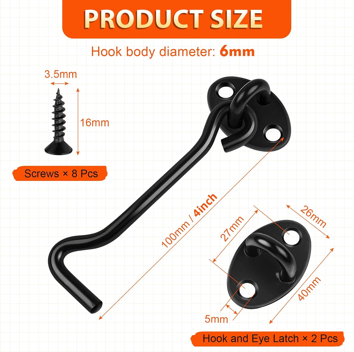 Detalle de Jeboler Hook and Eye Latch 4 Inch (100 mm) – Stainless Steel Black, 2 Pcs with Screws