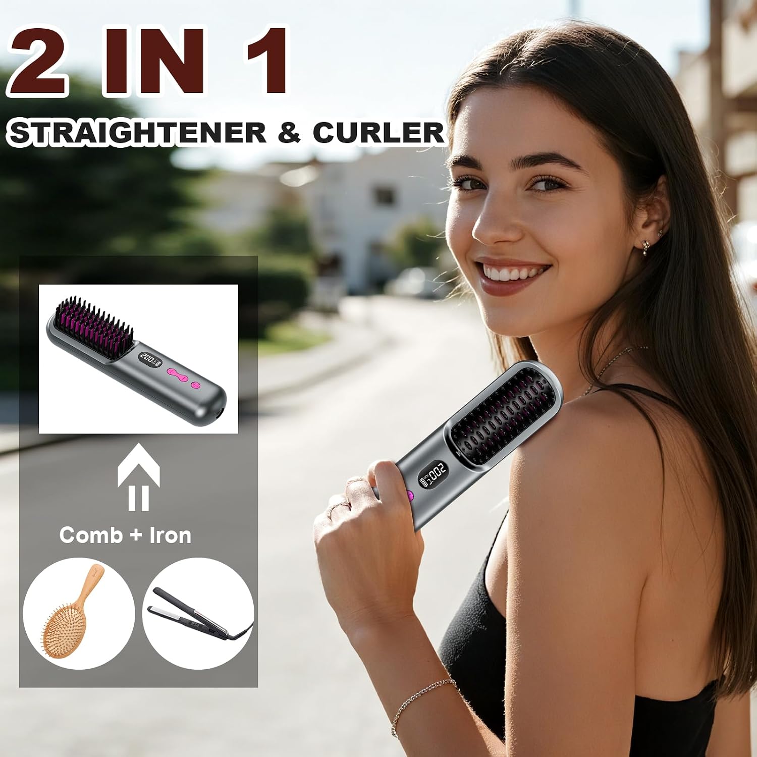 Detalle de Spazzola Lisciante per Capelli 9600mAh, senza fili, 4 livelli di temperatura e design da viaggio