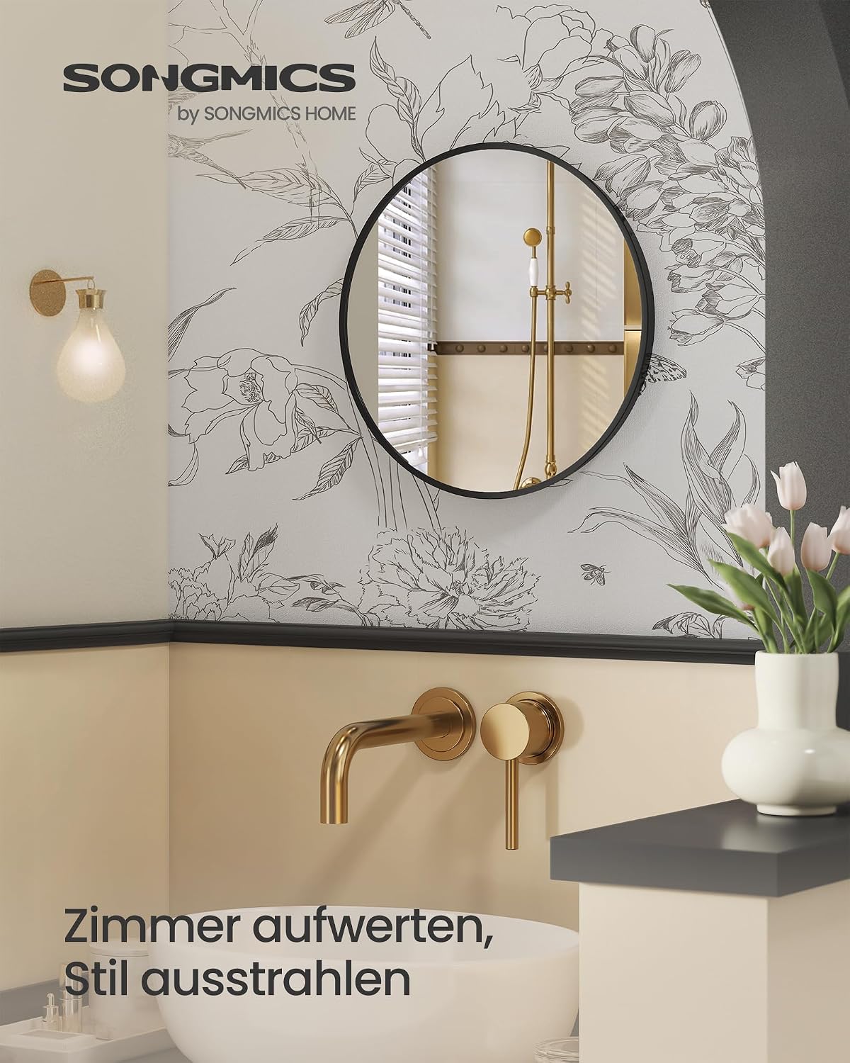 Detalle de SONGMICS Wandspiegel rund 40,7 cm – schwarzer Aluminiumrahmen, 5 mm Glas, LWM104BD03