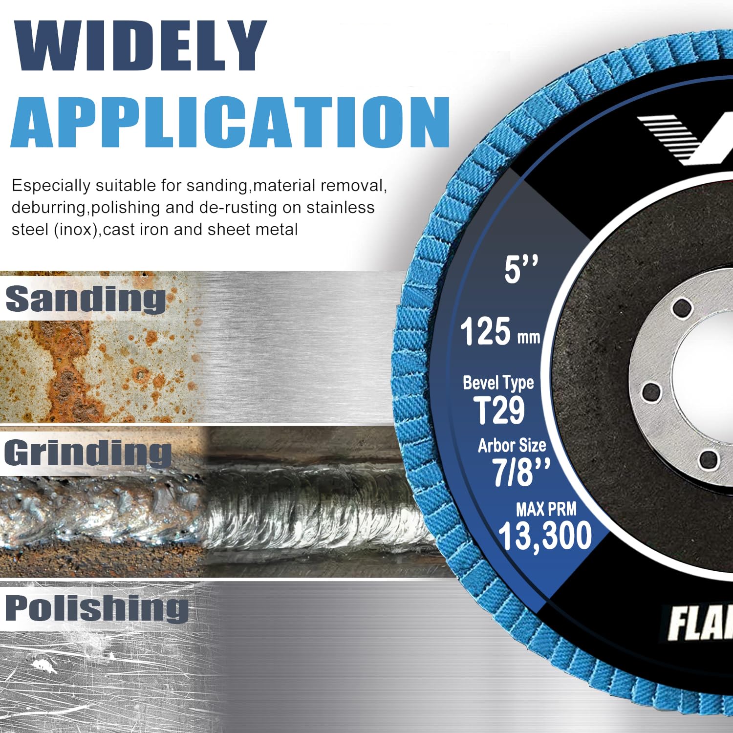 Detalle de vuwo Professional Fächerschleifscheibe 125 mm – T29, Korn 120, 22,23 mm Bohrung, Hartzirkon, Metall & Holz
