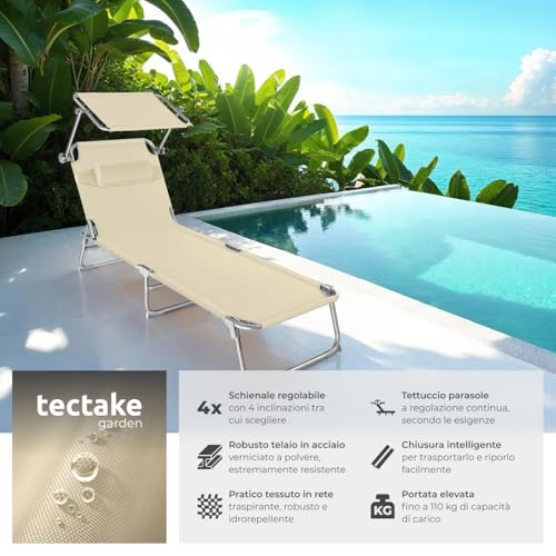 Detalle de tectake Set da 2 Lettini Prendisole Pieghevoli 190x68x111 cm con Parasole, Cuscino e Maniglia – Beige