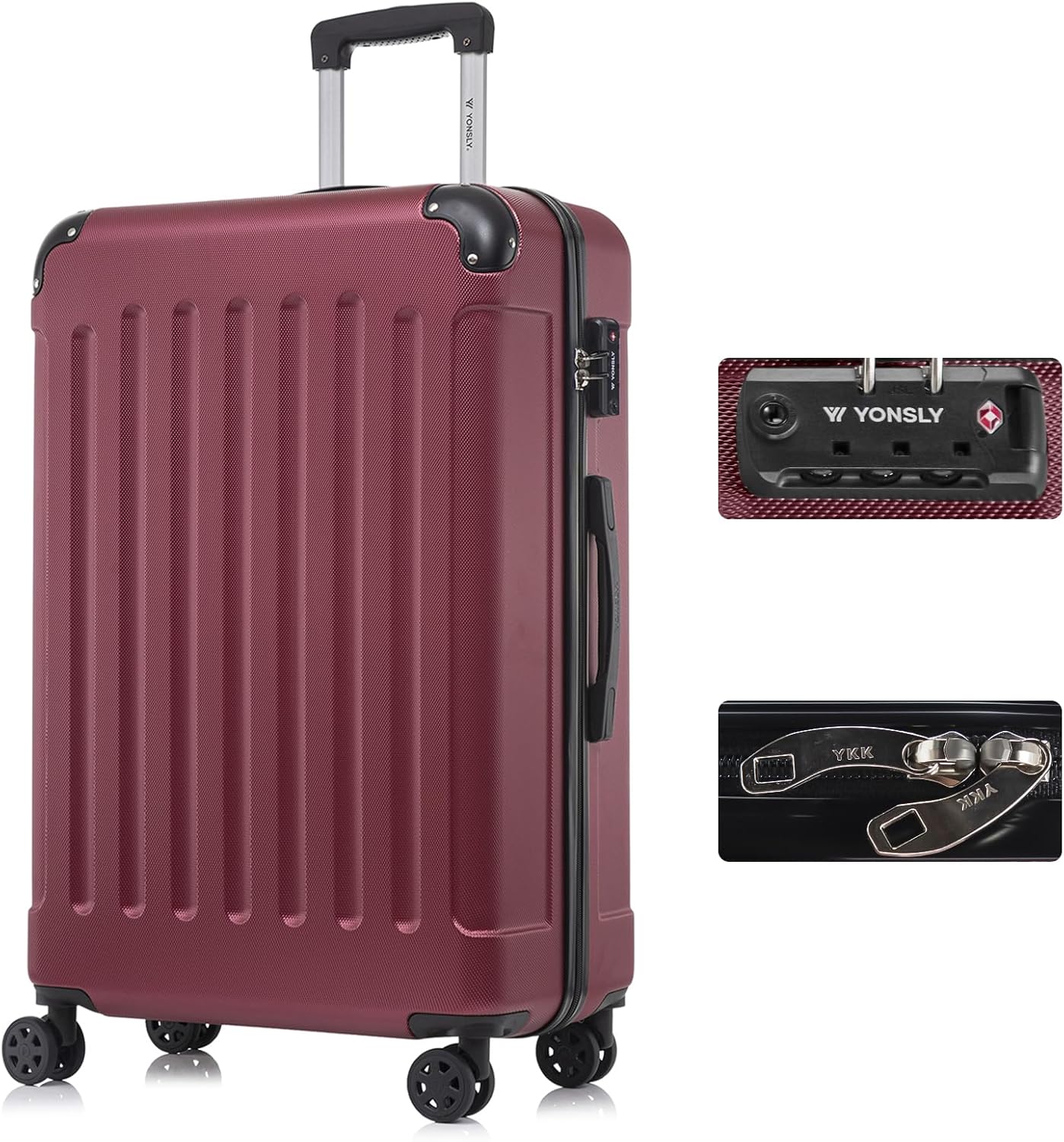 Detalle de YONSLY Premium Reisekoffer XL mit TSA-Schloss und YKK-Reißverschluss – Weinrot, 76 x 49 x 29 cm