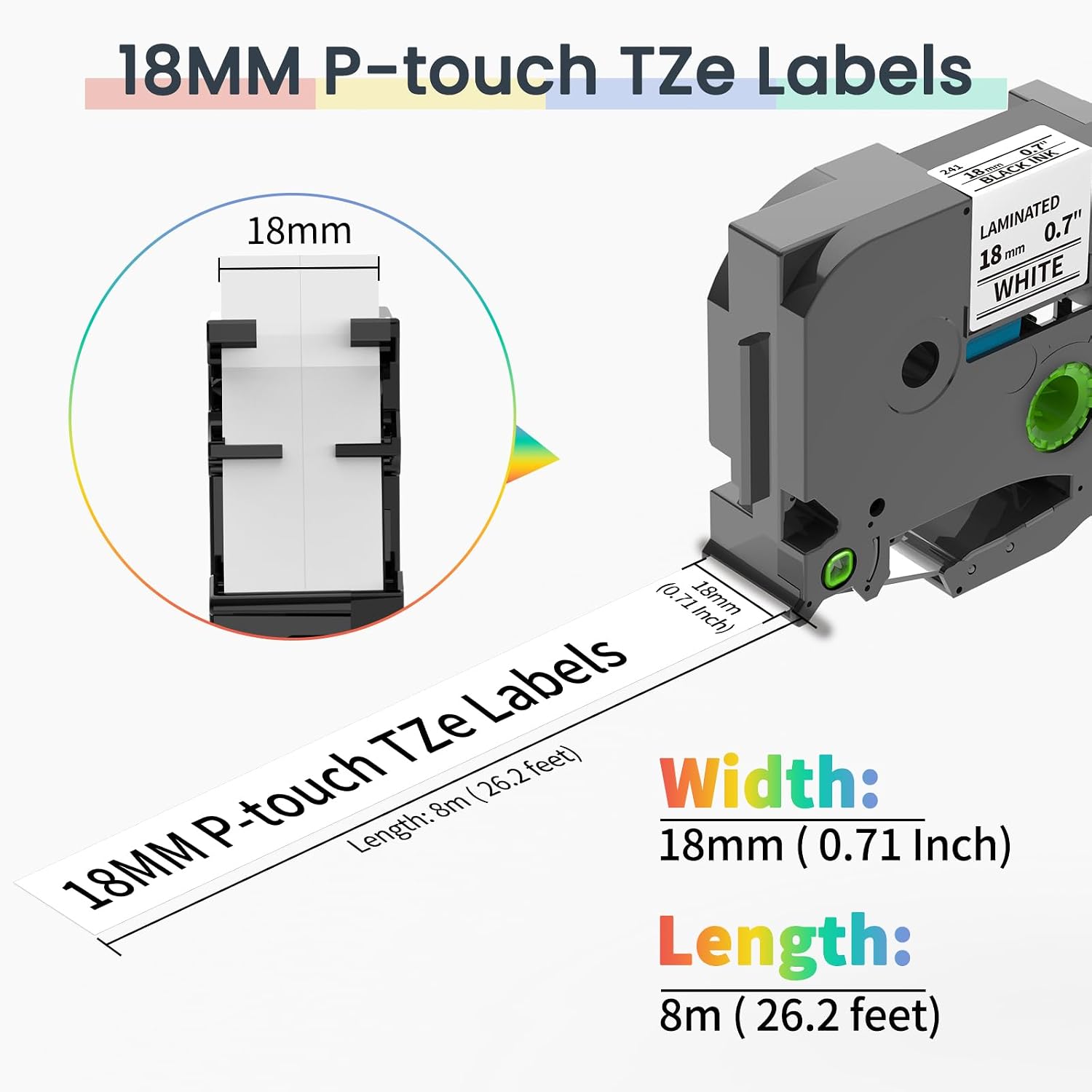 Detalle de Markurlife 18 mm TZe-Klebeetikettenbänder kompatibel mit Brother P-Touch – 6er-Pack, Schwarz auf Transparent/Weiß/Rot/Blau/Gelb/Grün, 8 m je Band