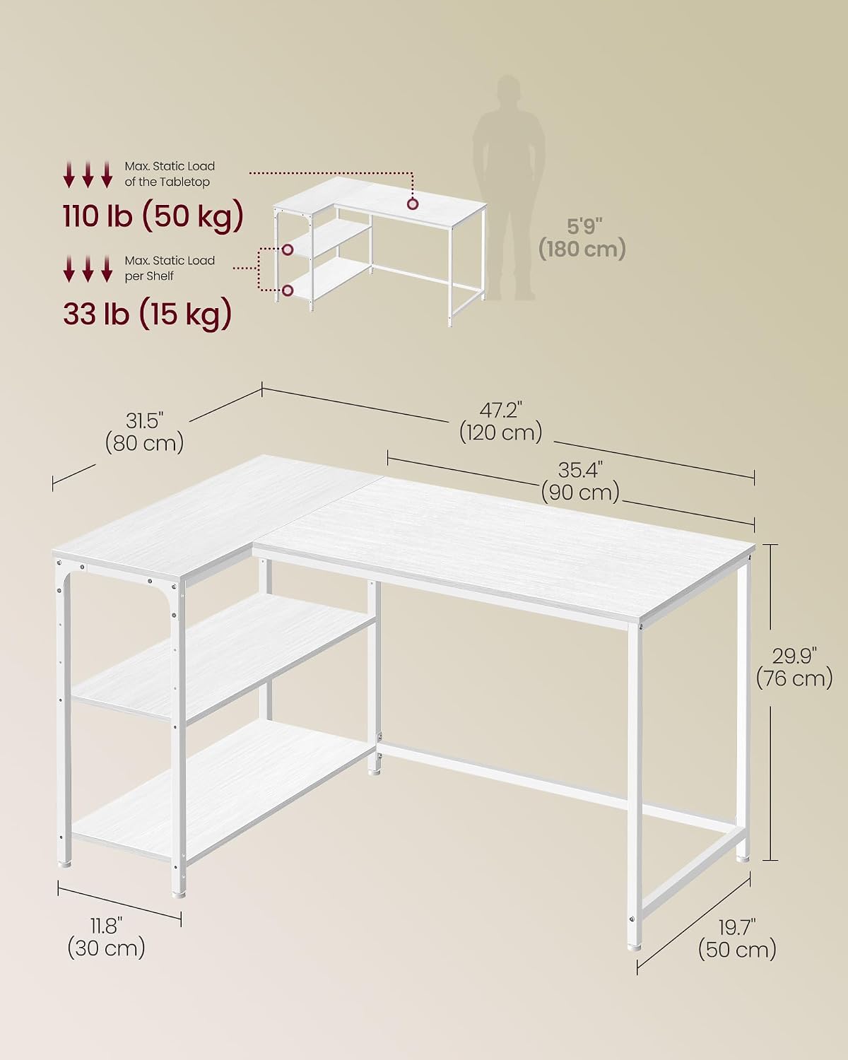 Thumbnail 2 de VASAGLE L Shaped Corner Desk 120x80