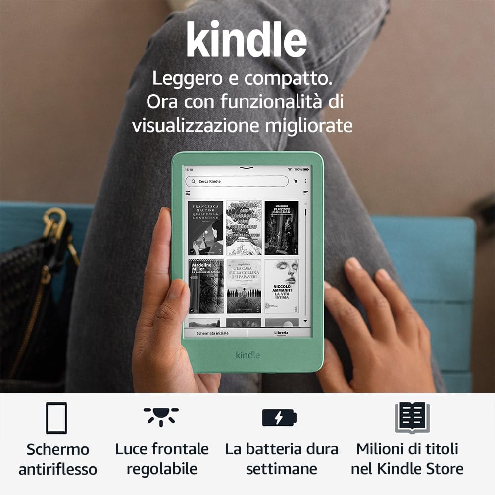 Amazon Kindle (ultimo modello) Verde Matcha – schermo antiriflesso da 6”, illuminazione frontale regolabile e 16 GB con pubblicità