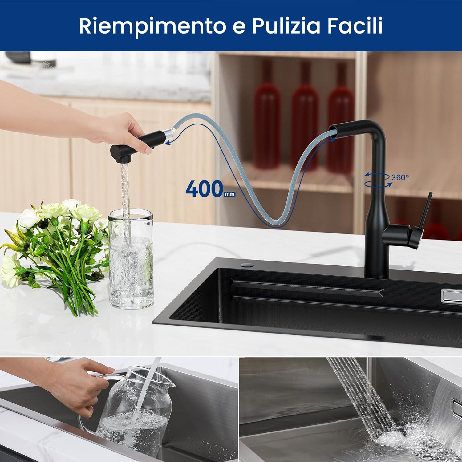 Thumbnail 2 de CECIPA Miscelatore cucina nero con doccetta estraibile, 2 modalità di getto e rotazione 360°