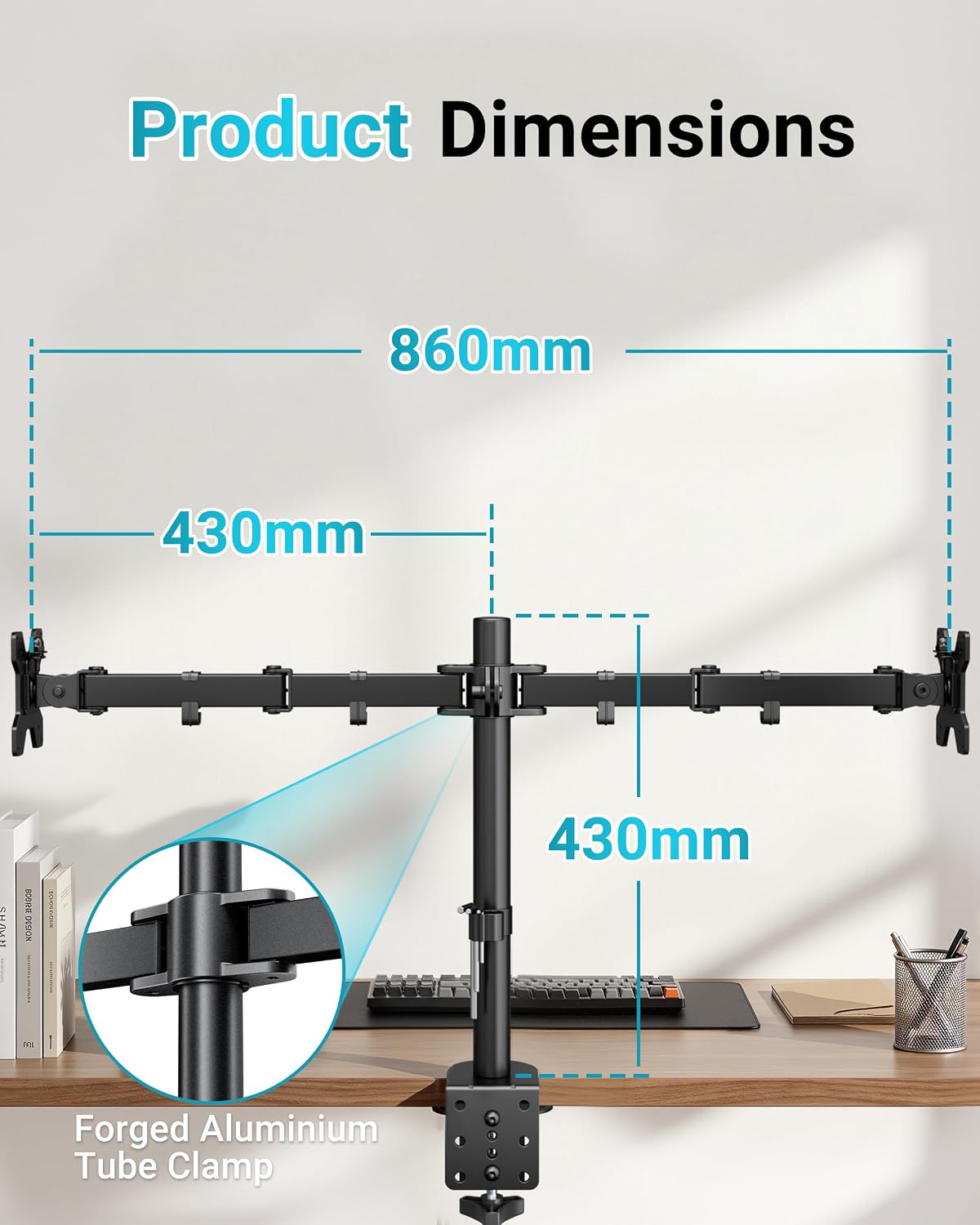 Detalle de BONTEC MDM 002 dubbele monitorarm voor 13–27 inch, verstelbaar tot 430 mm