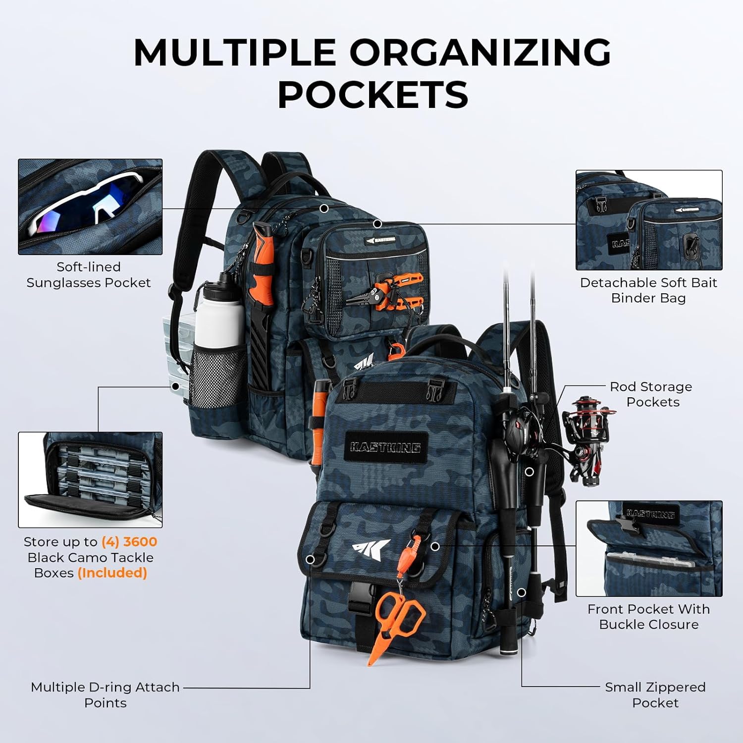 Thumbnail 3 de KastKing BaitSpace 50L Fishing Tackle Backpack with Removable Bait Binder and 2 Rod Holders
