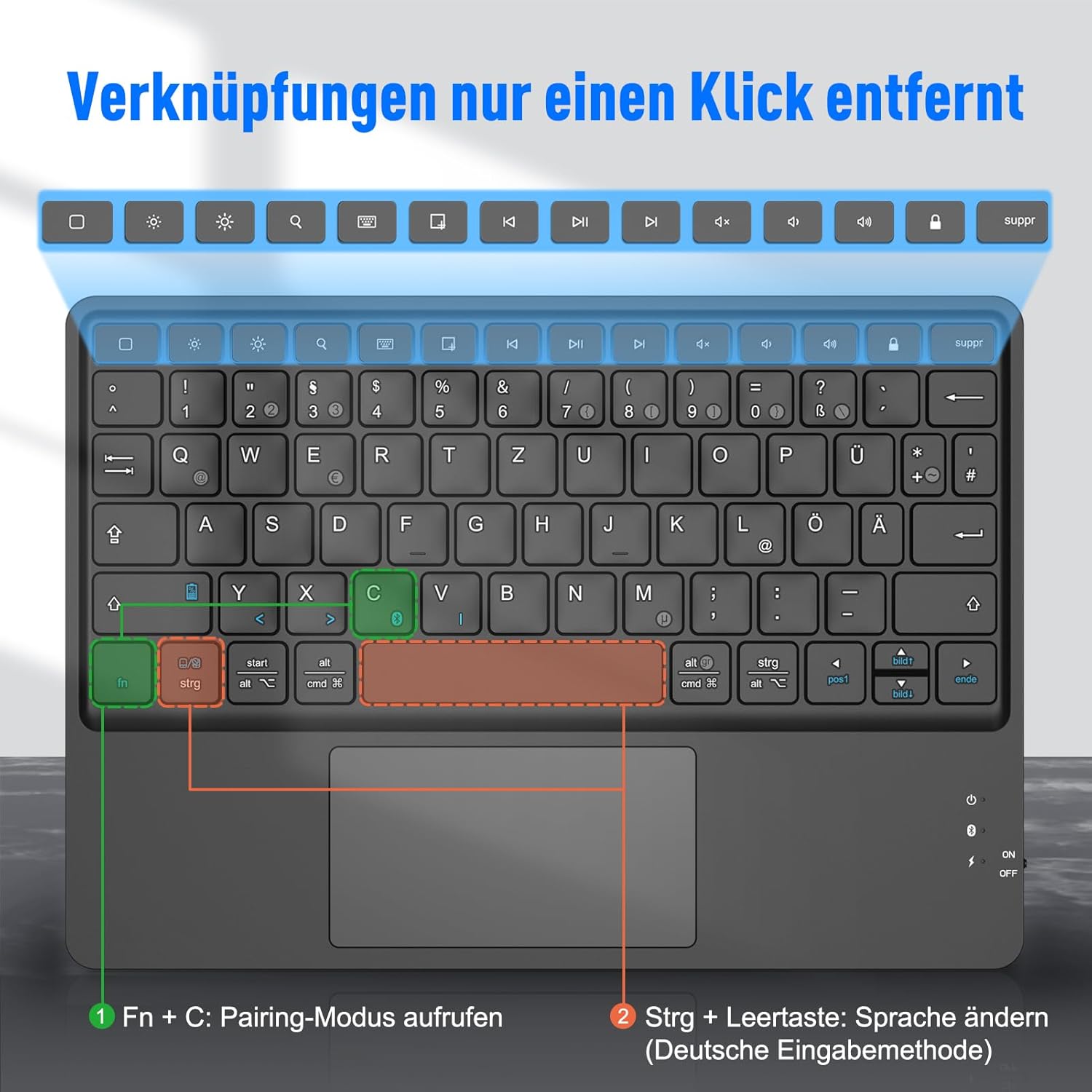 Thumbnail 2 de FINTIE Kabellose Bluetooth-Tastatur mit Touchpad (DE-Layout) für iPad, Samsung-Tablets & Smartphones – schwarz