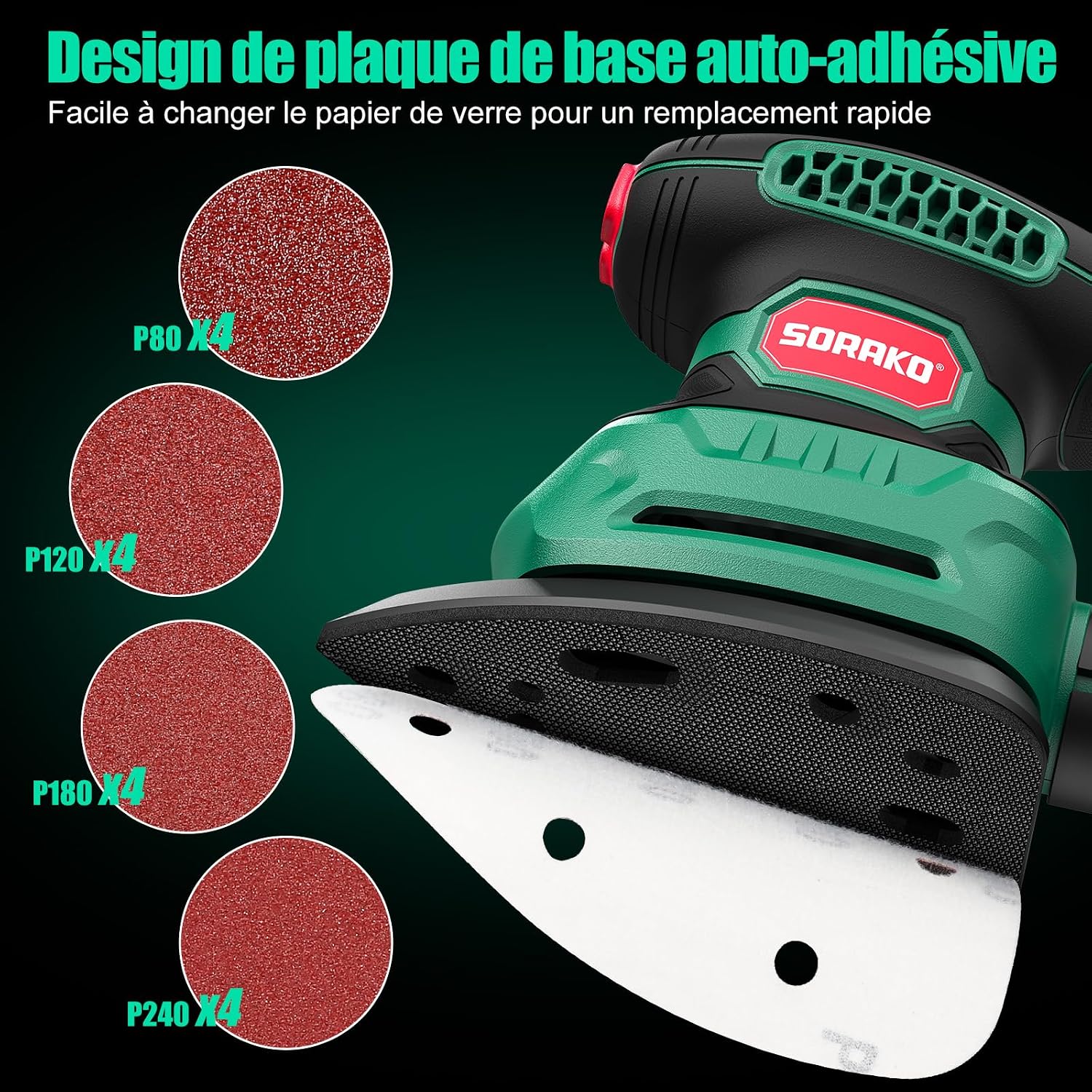 Thumbnail 4 de SORAKO Ponceuse Électrique 220W 14000 OPM – Poncer dans les espaces restreints avec sac à poussière et 16 feuilles