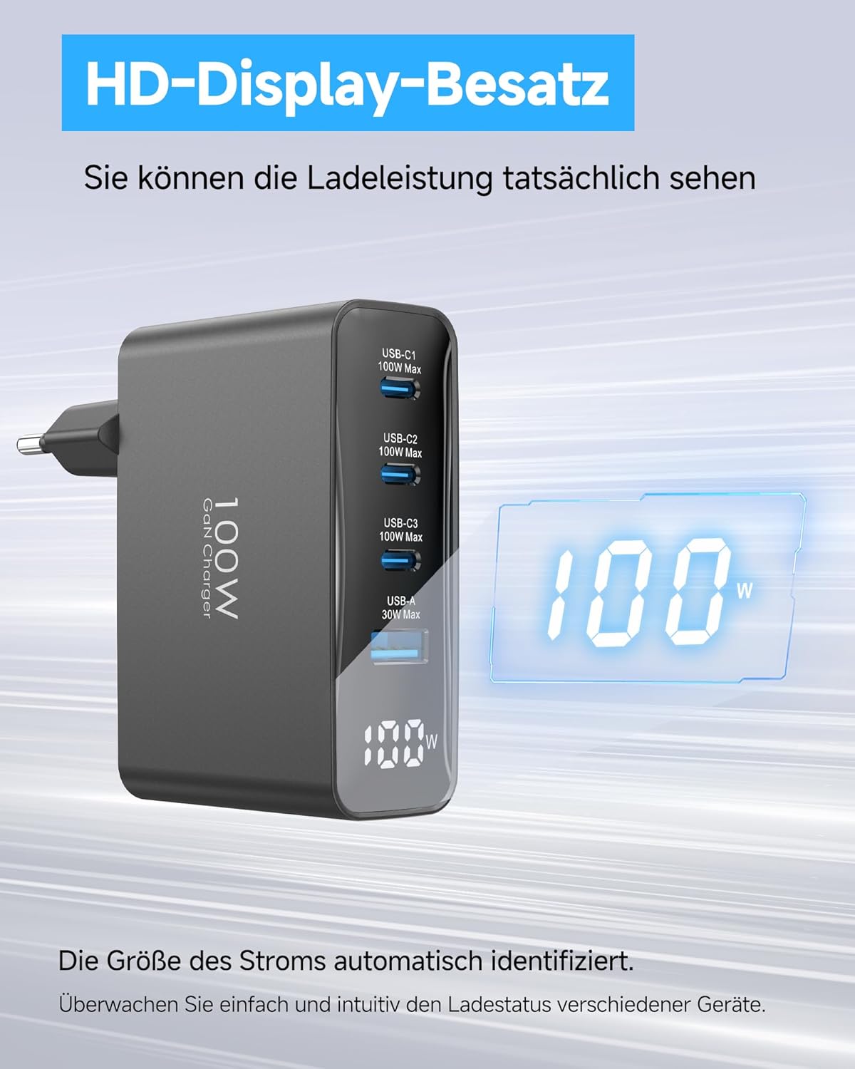 Thumbnail 2 de 100W USB-C Ladegerät mit 4 Ports, LED-Display (GaN, PD/PPS) – Schwarz