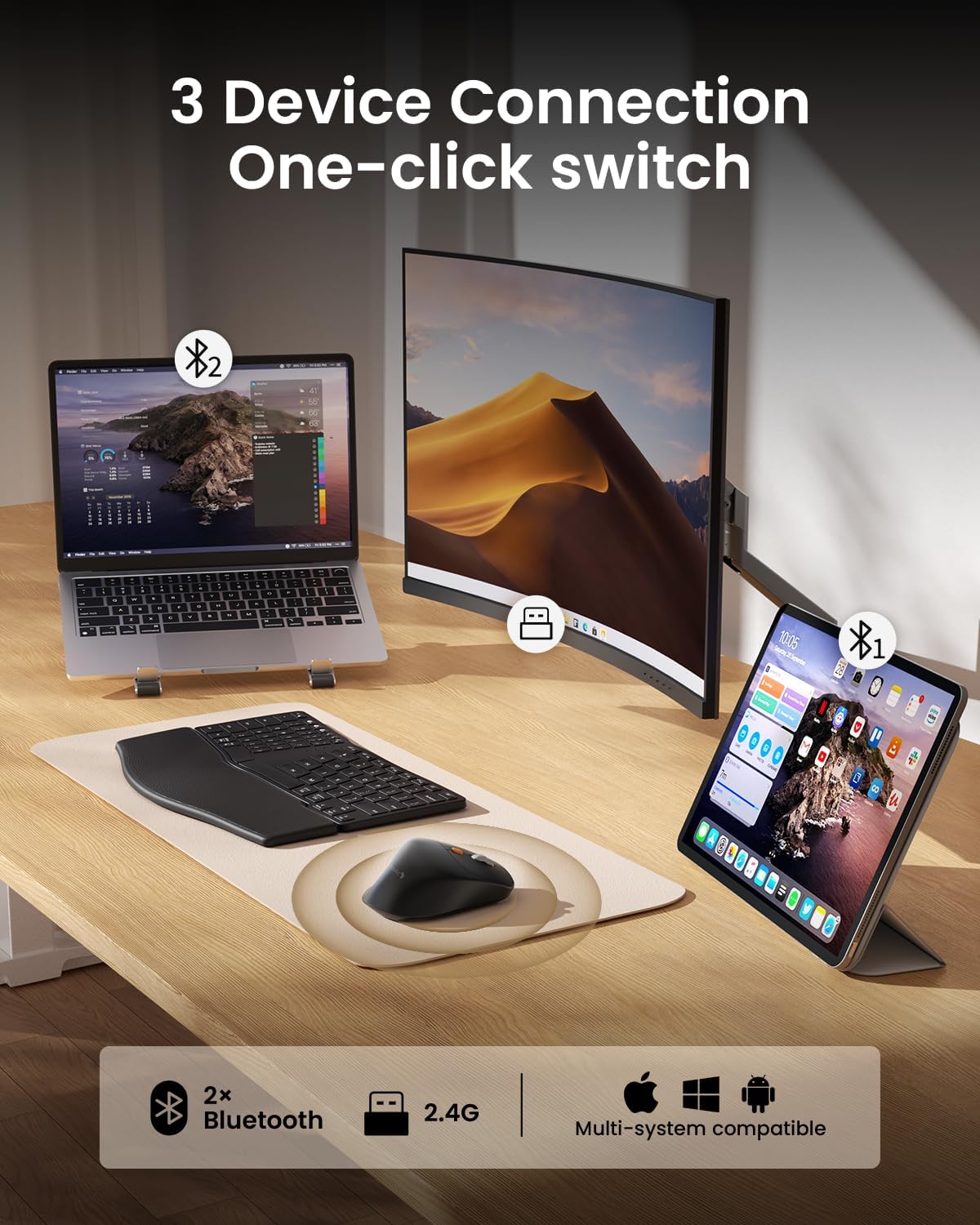 Thumbnail 3 de ProtoArc EM25 ergonomic wireless mouse (2.4G + Bluetooth) with fast flywheel scrolling, thumb wheel and custom button