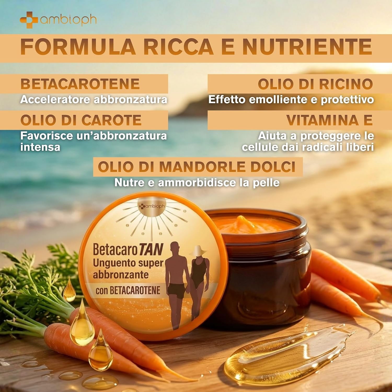 Detalle 2 de CREMA ABBRONZANTE CORPO Accelleratore con Betacarotene, Olio di Ricino e Mandorle Dolci – Ambioph