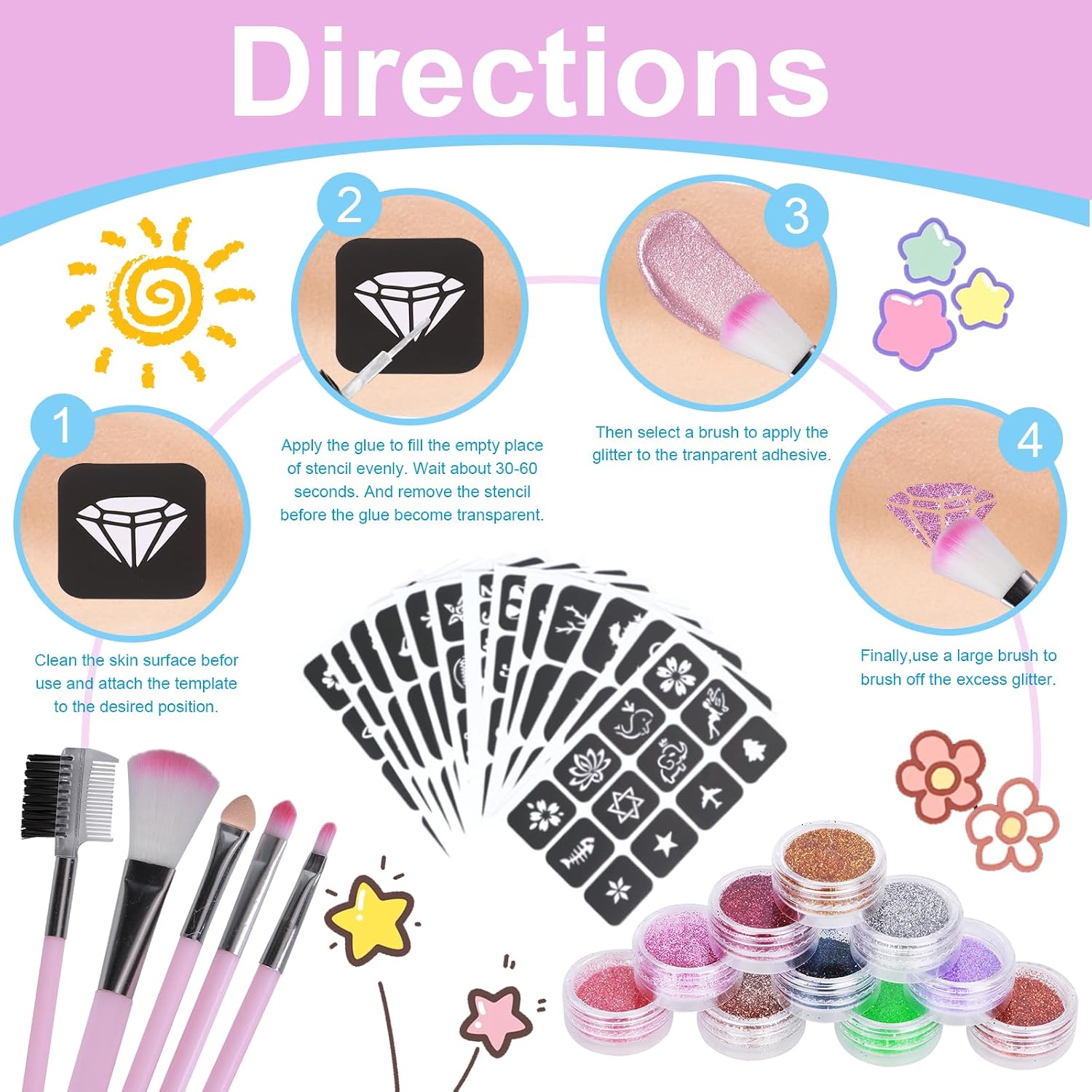 Detalle de Glitzer Tattoo Set Kinder von DSYZWEE – 40 Farben, 147 Schablonen, 5 Pinsel, 2 Kleber, wasserfest
