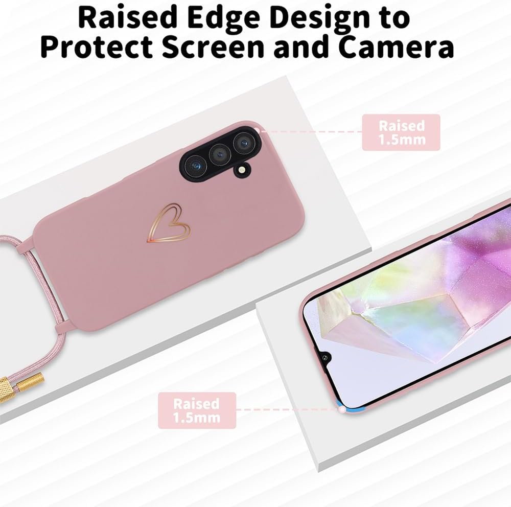 Detalle de Handykette mit Kordel für Samsung Galaxy A17 5G – Herzmuster Silikonhülle mit abnehmbarer Kette, rosa
