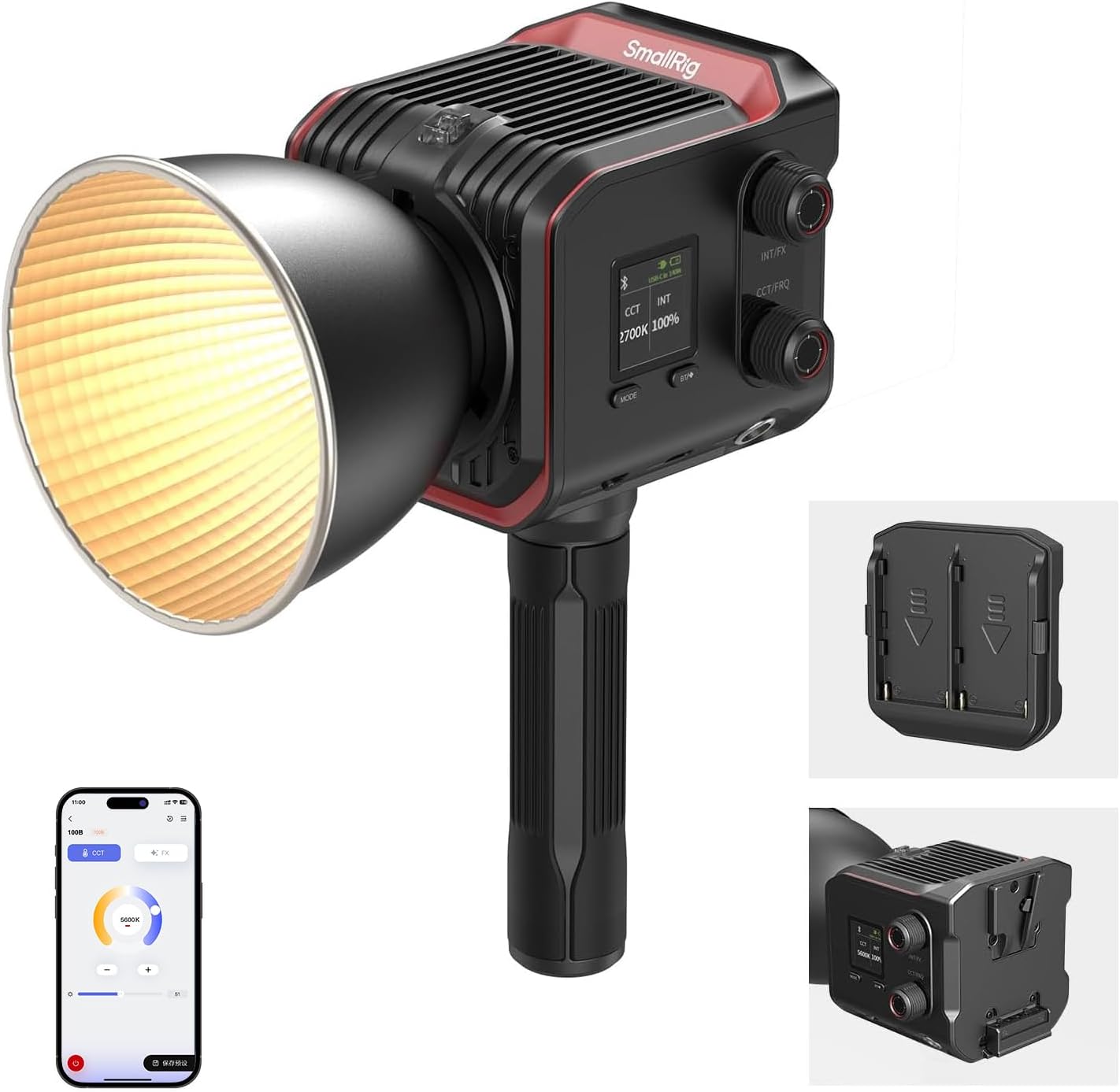 Detalle de SmallRig RC 100B Lampe Vidéo COB avec Poignée – lumière bi-couleur portable 2700K–6500K et contrôle via app