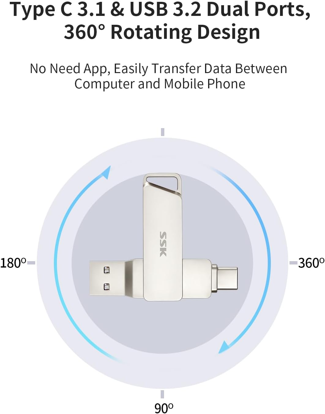 Detalle de SSK 64GB USB C Flash Drive with Dual Connectors (USB-C + USB 3.2) – 200MB/s Read