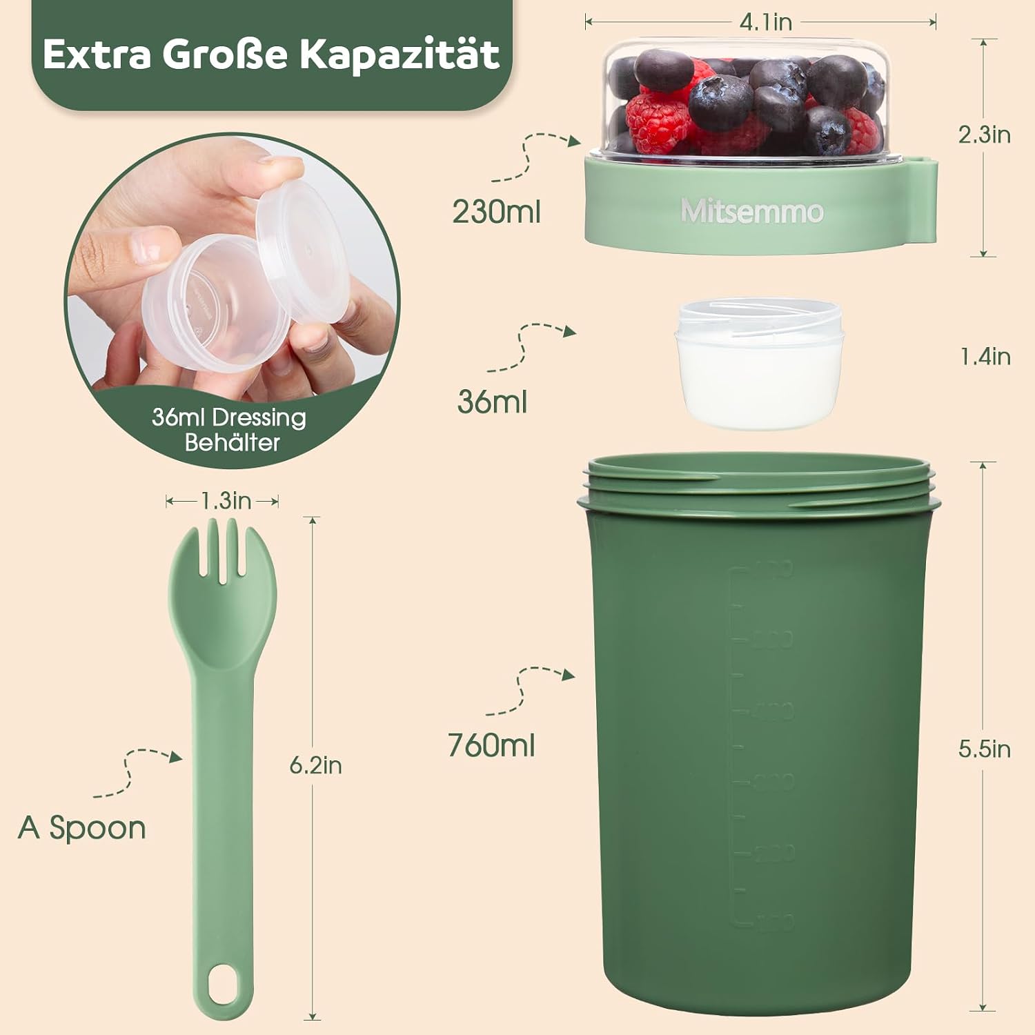 Detalle 2 de Mitsemmo Müslibecher to Go 760ml Grün