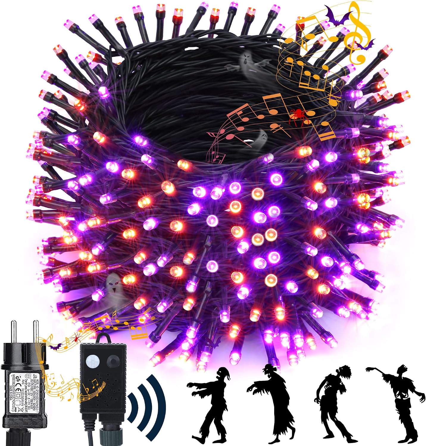 Detalle de NEXVIN Halloween Deko Outdoor mit Lichterkette und Horror Sound – 20 m, 200 LEDs, Memory-Funktion, 6 Modi, IP44