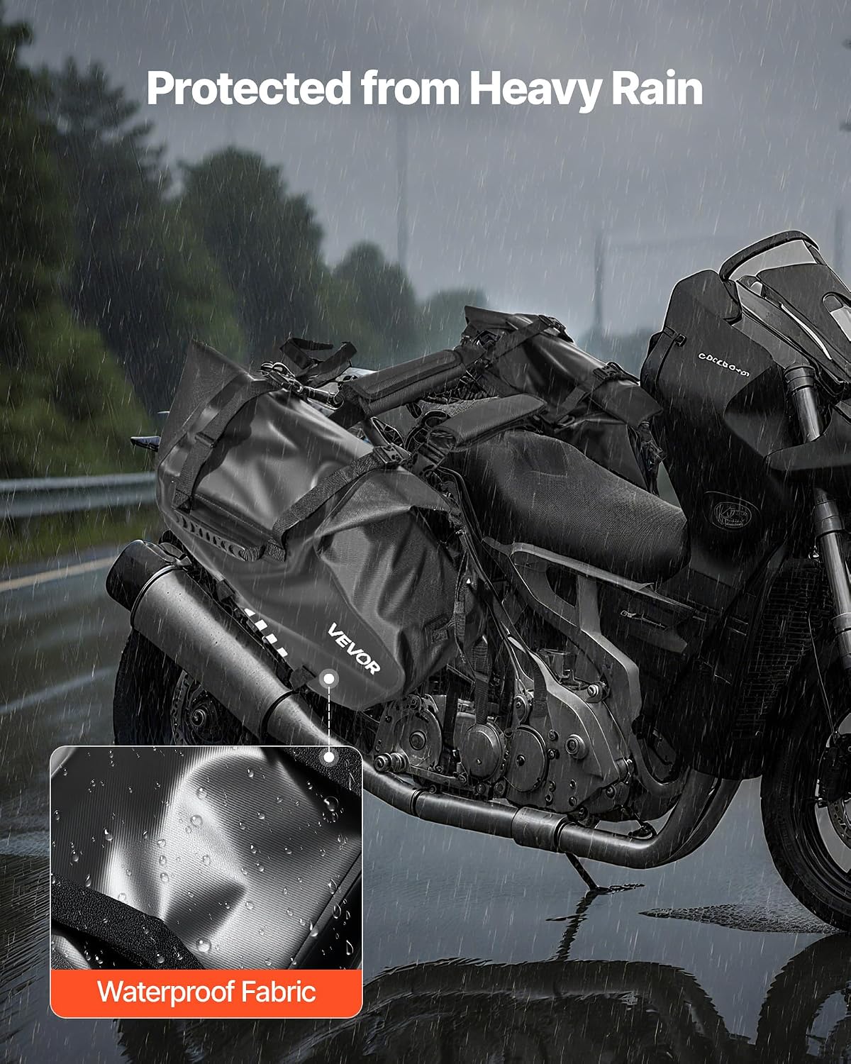 Detalle de VEVOR Sacoche latérale de Moto 28 L (2x14 L) avec housse pluie et sangle inférieure
