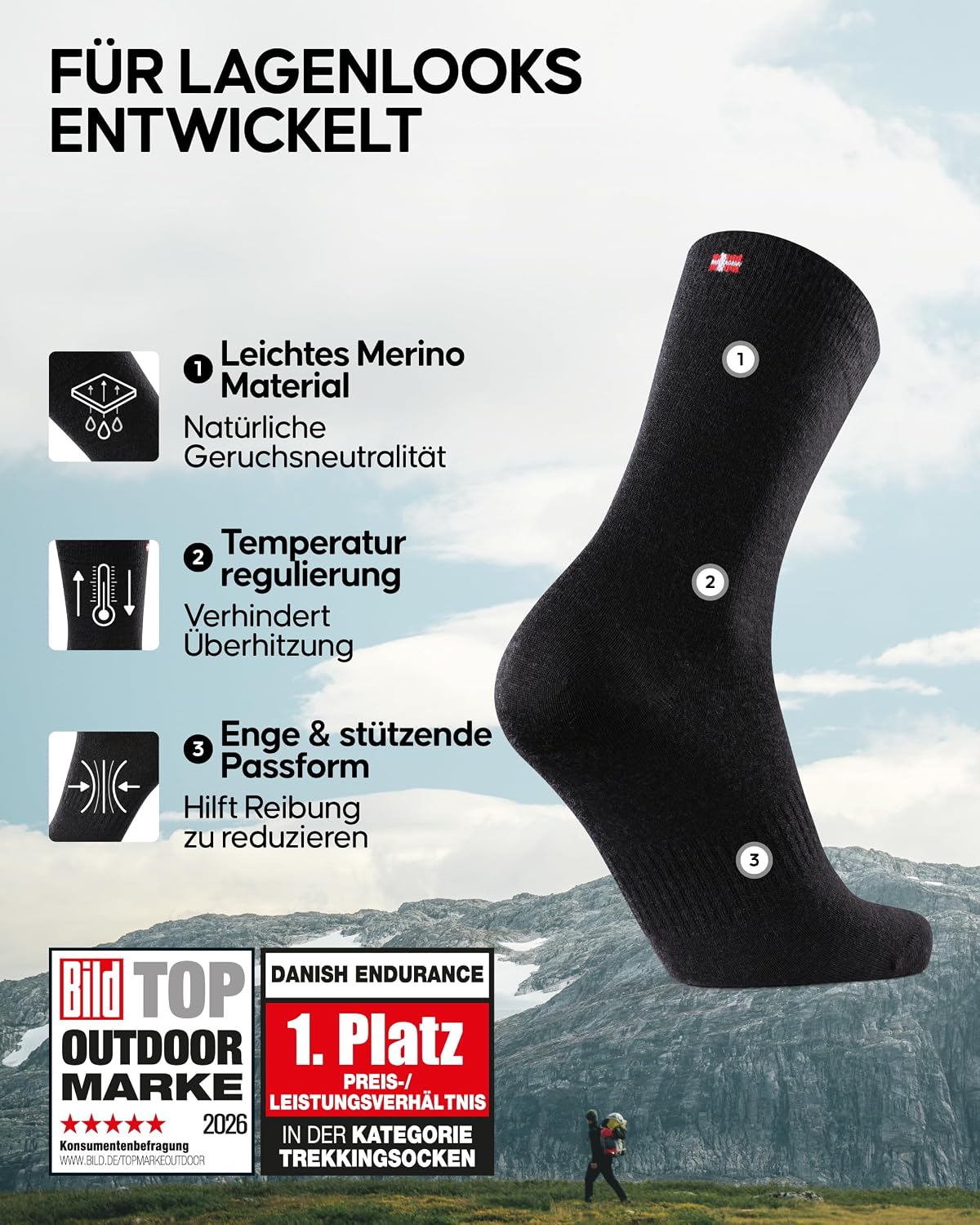 Detalle 2 de DANISH ENDURANCE Merino Liner Wandersocken 2 Paar