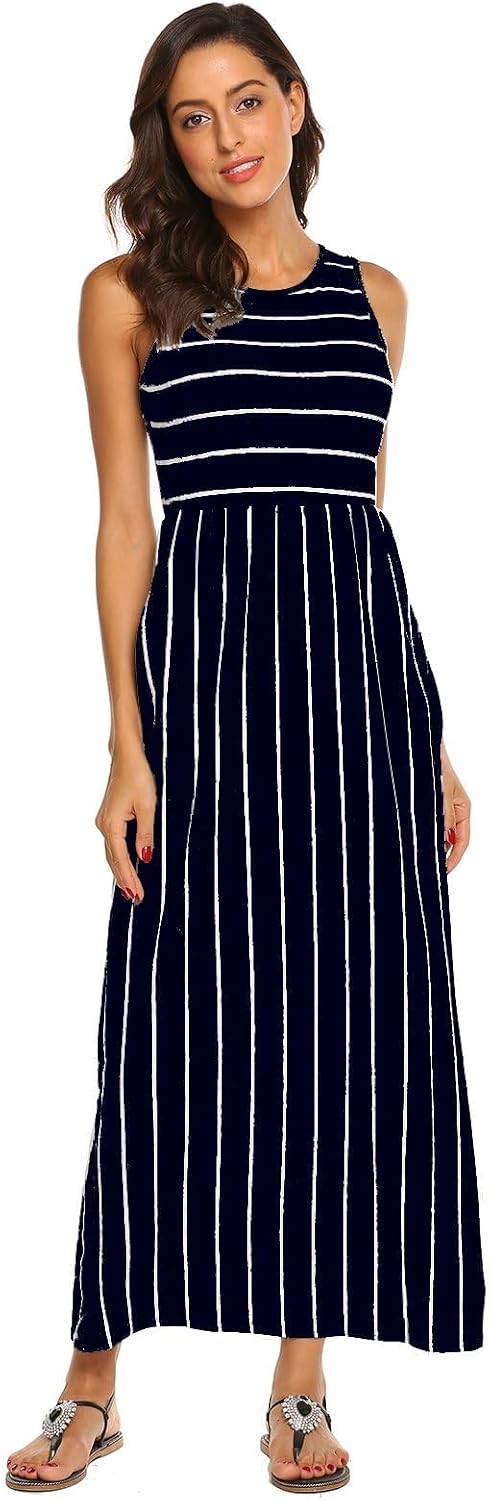 Detalle de BDTECAOR Maxikleid Damen – Sommer Boho, Ärmel-los, Strandlook mit elastischem Bund