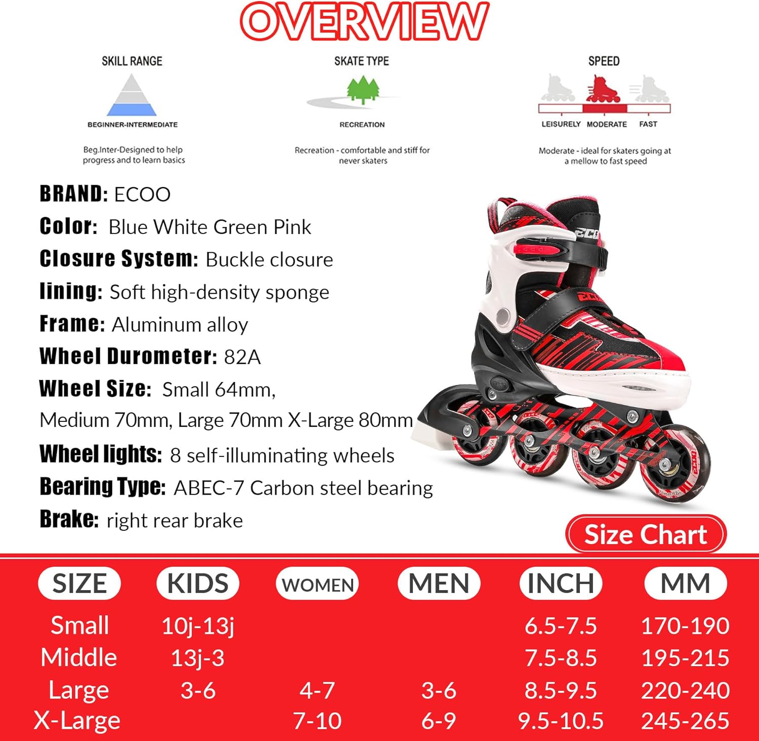 Thumbnail 5 de ECOO Adjustable Inline Skates for Kids (Ages 5-8 to 8-12) with Light-Up Wheels