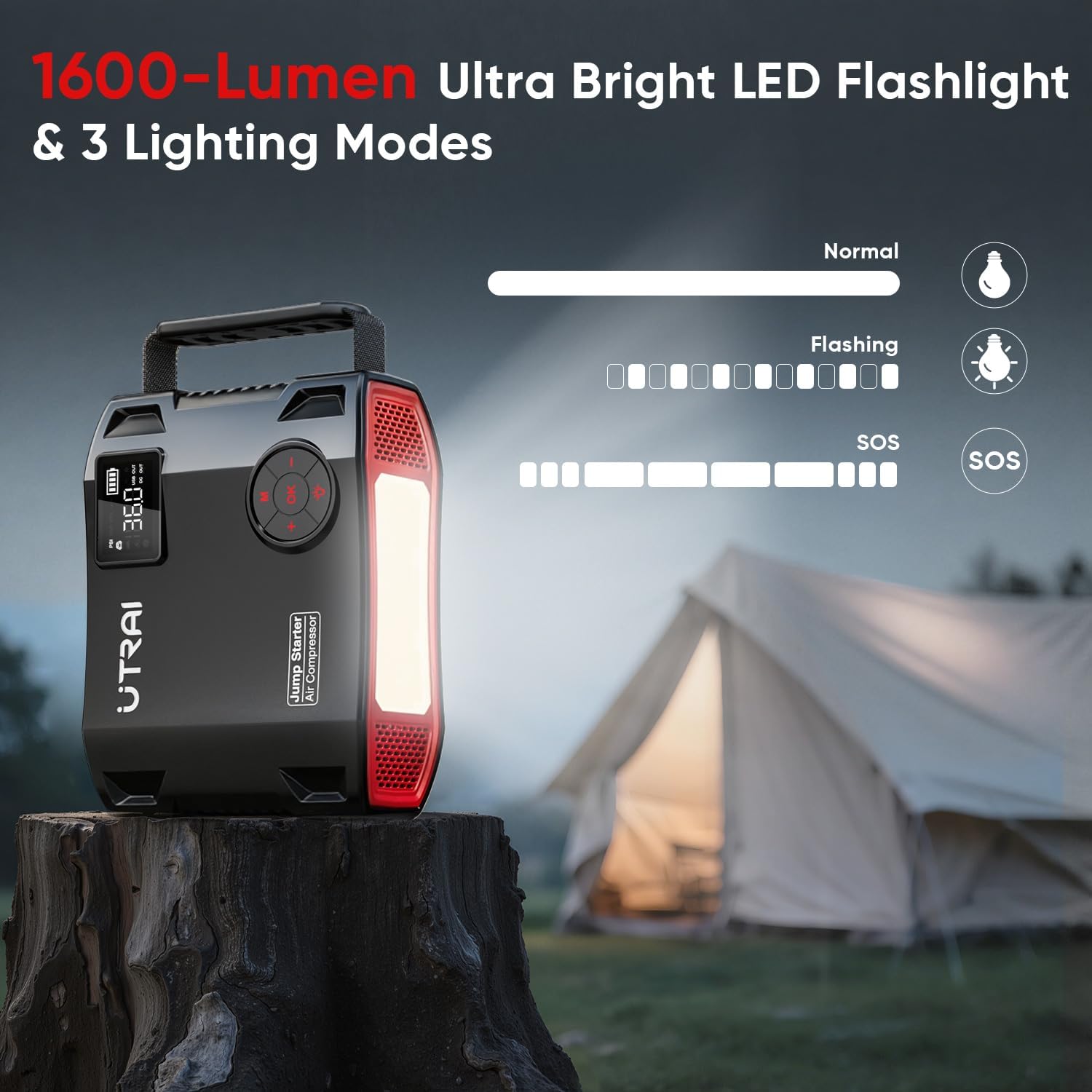 Detalle 2 de UTRAI 27000mAh Car Jump Starter Power Bank with Air Compressor and 1600 Lumen LED – All-in-One Portable Power for Vehicles