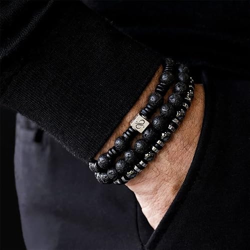 Detalle 2 de RANKEEF Tiger Eye Bracelet Set for Men – 8mm Natural Stone Beads, Lava Rock & Black Crystal, Adjustable Unisex Gift