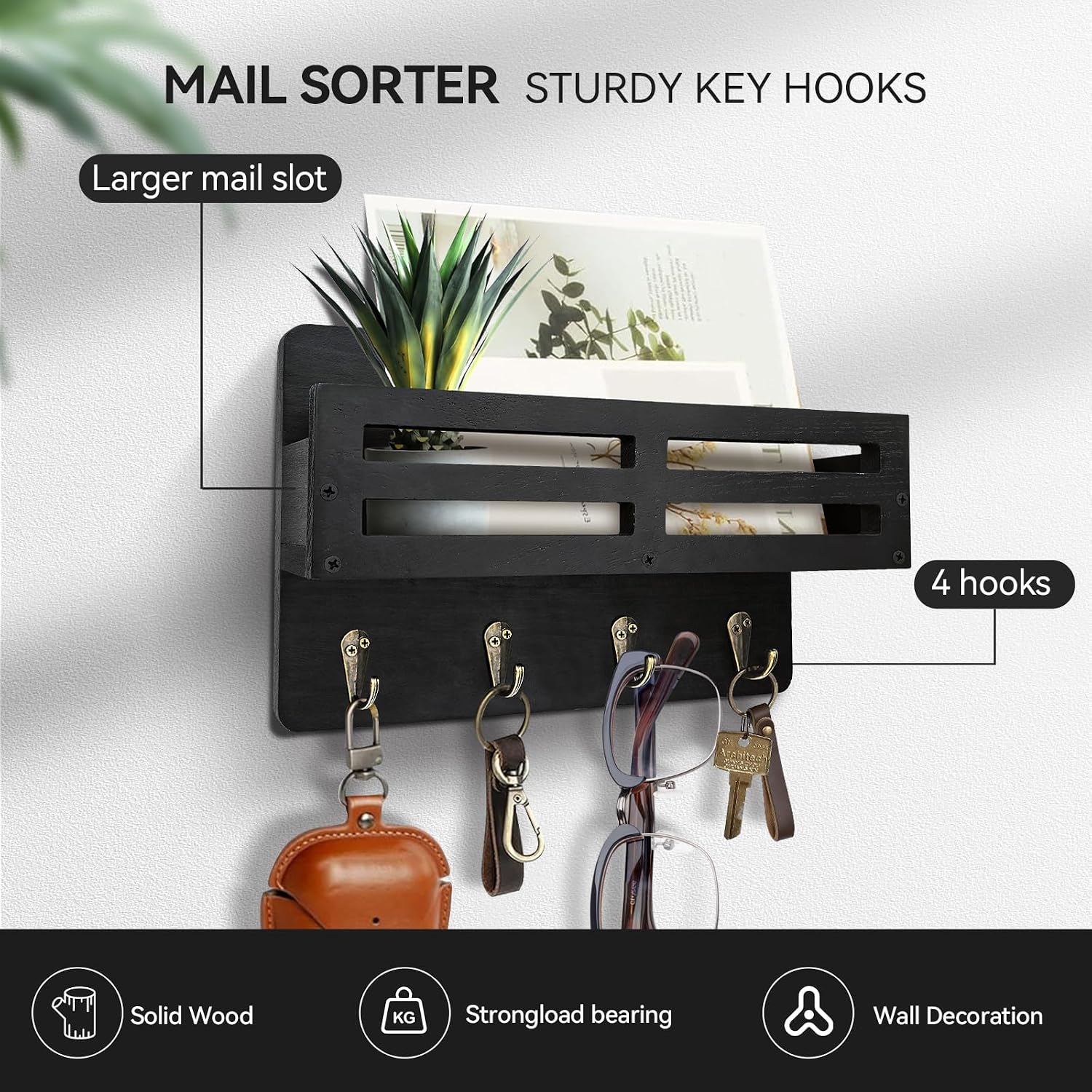 Detalle 2 de KISENG Key Hooks -J Wall-Mounted Key and Mail Organizer, Black Paulownia Wood