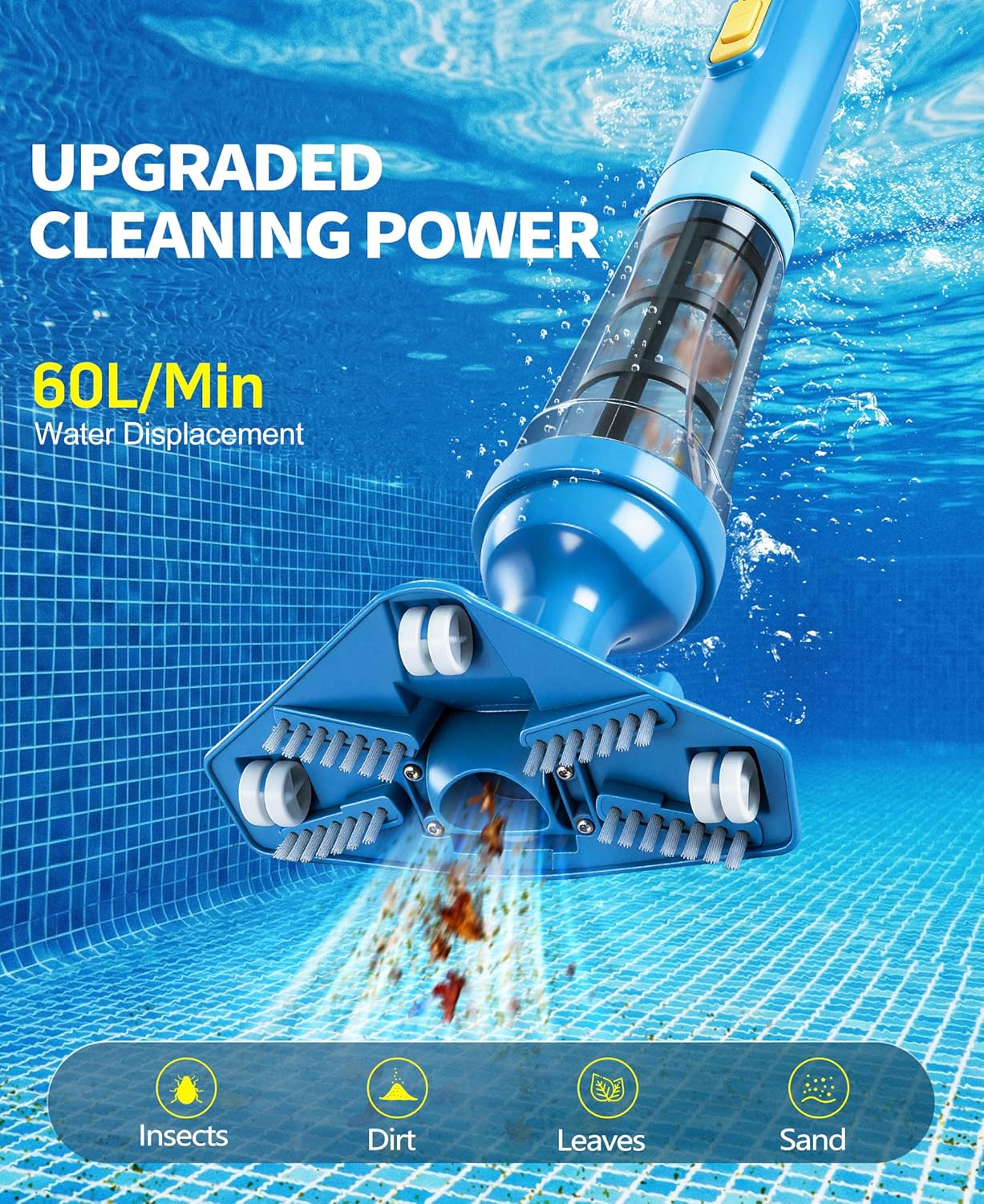 Detalle de LanBlu Poolsauger Akku mit Teleskopstange – 60 L/Min, 5200 mAh, 90 Min Laufzeit