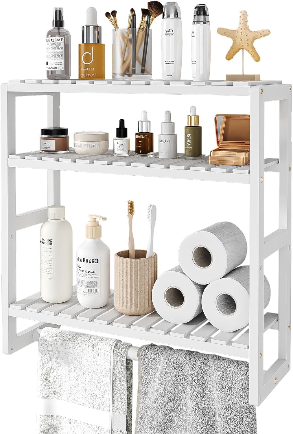 Detalle de Bamworld 3-Tier Adjustable Bamboo Over-the-Toilet Rack Shelf Storage (White)