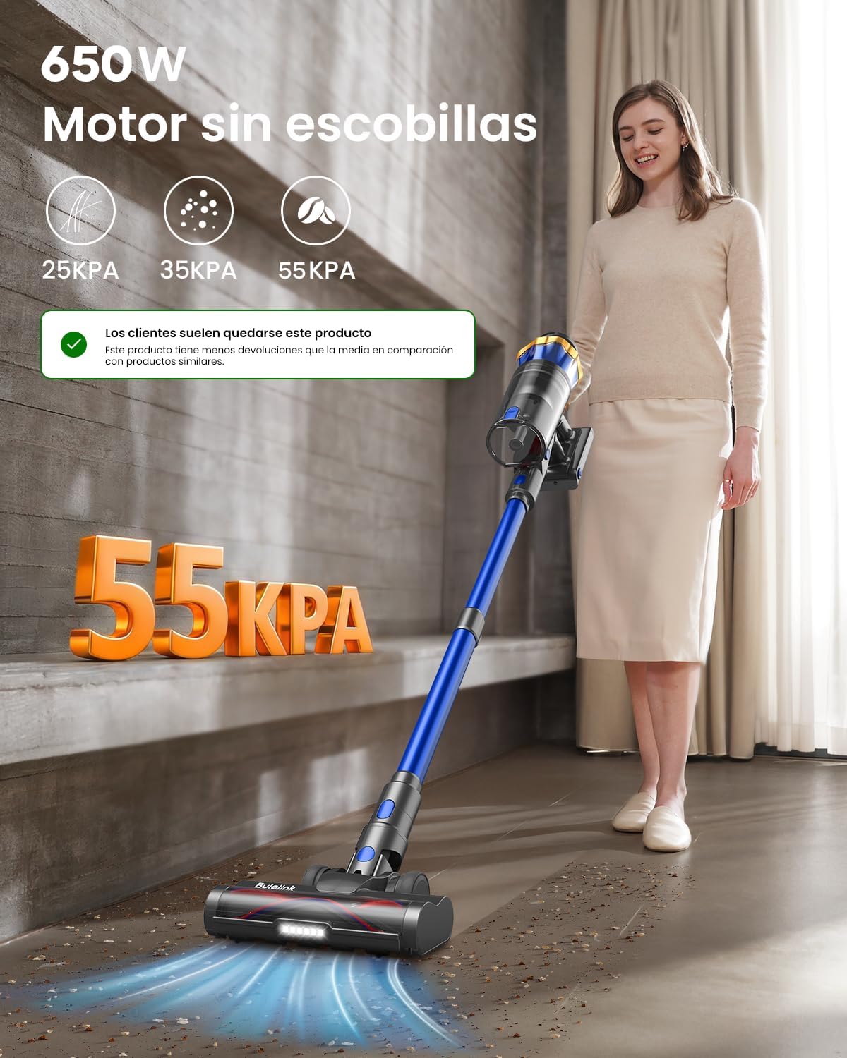 Thumbnail 1 de 48Kpa/580W/65Mins Aspiradora sin Cable, Aspiradora sin Cable de 1.6 L/Pantalla Táctil LED,Capa de Filtración de 8 Etapas, Autocargable,Autoportante,Adecuado para Suelos/Alfombras/Pelo de Animales