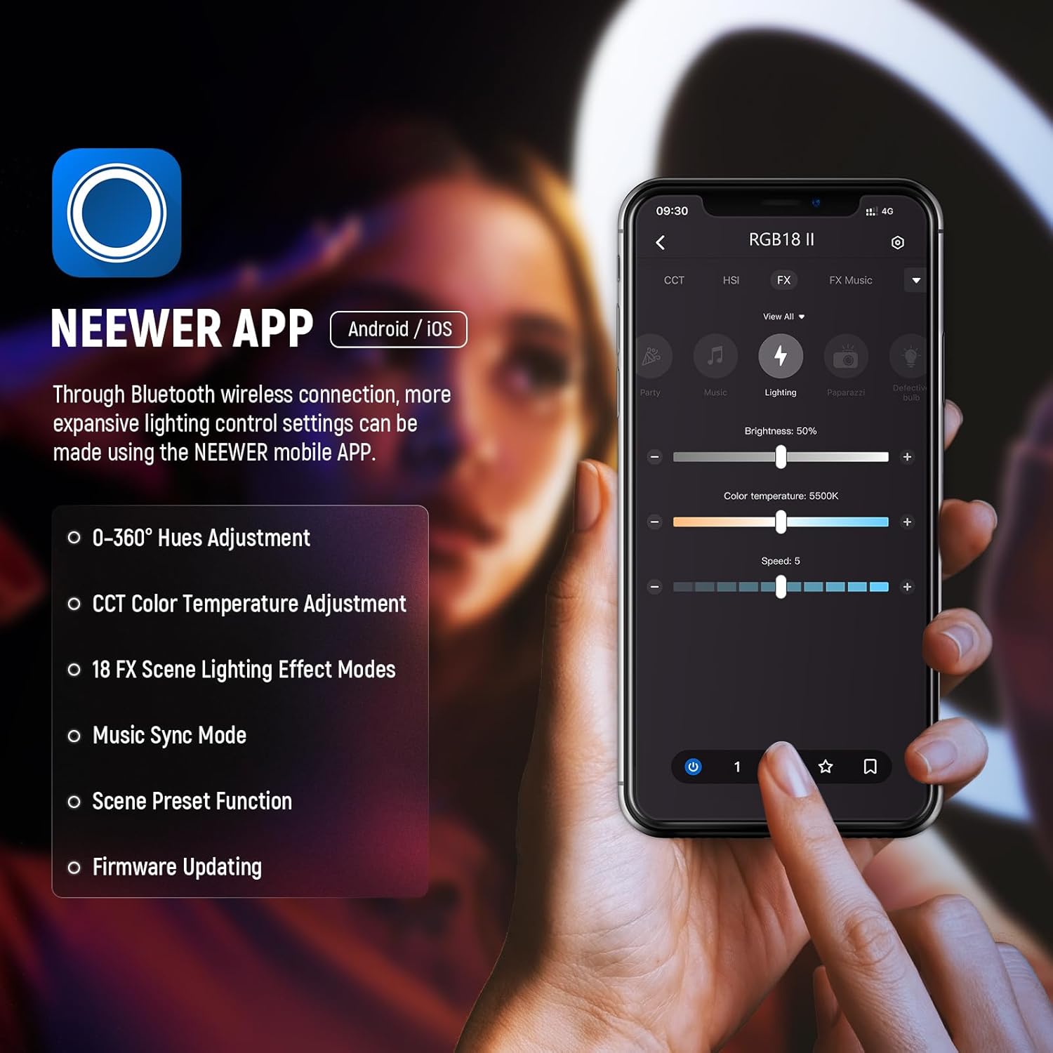 Detalle de NEEWER 18 Inch RGB LED Ring Light RGB18 II with APP Control, Tripod Stand & Phone Holder