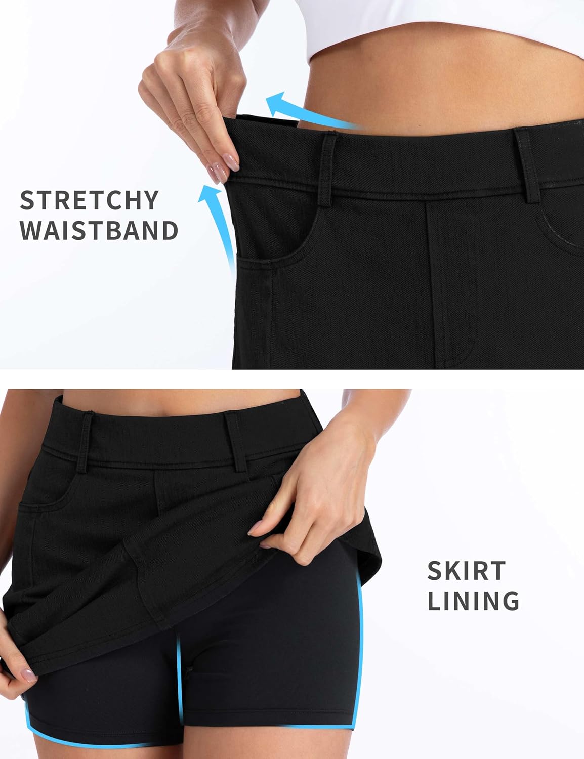 Detalle 1 de THE GYM PEOPLE Women's Stretch Denim Mini Skort with 4 Pockets and Side Slit