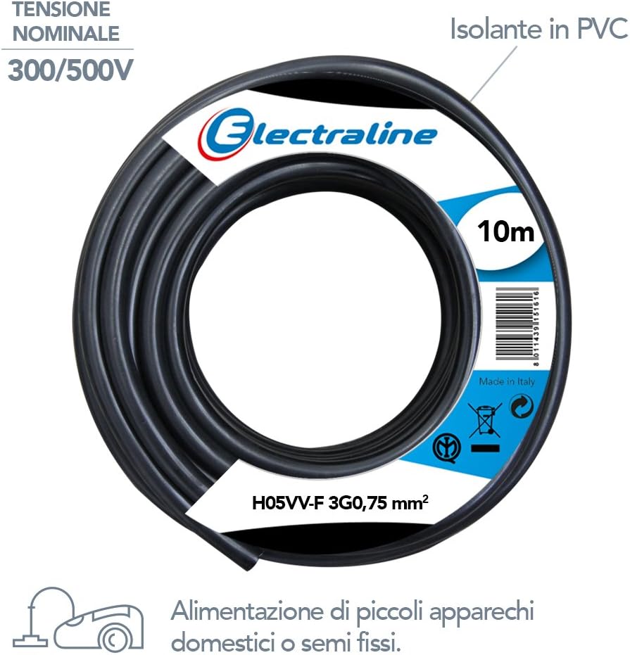 Thumbnail 1 de Electraline 11641 Cavo per Prolunghe H05VV-F 3G0.75 mm², 10 m, Nero