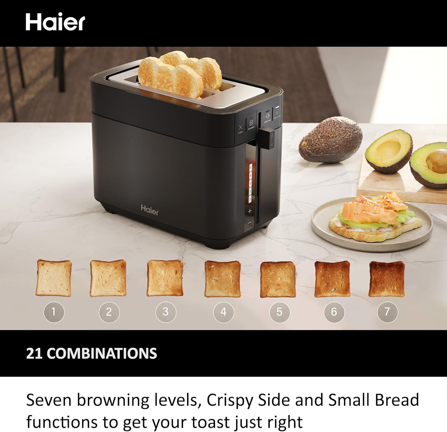 Detalle 2 de Haier I-Master Series 5 HTO5A3 1150W Digital 2-Slice Toaster with Extra Wide 15cm Slots