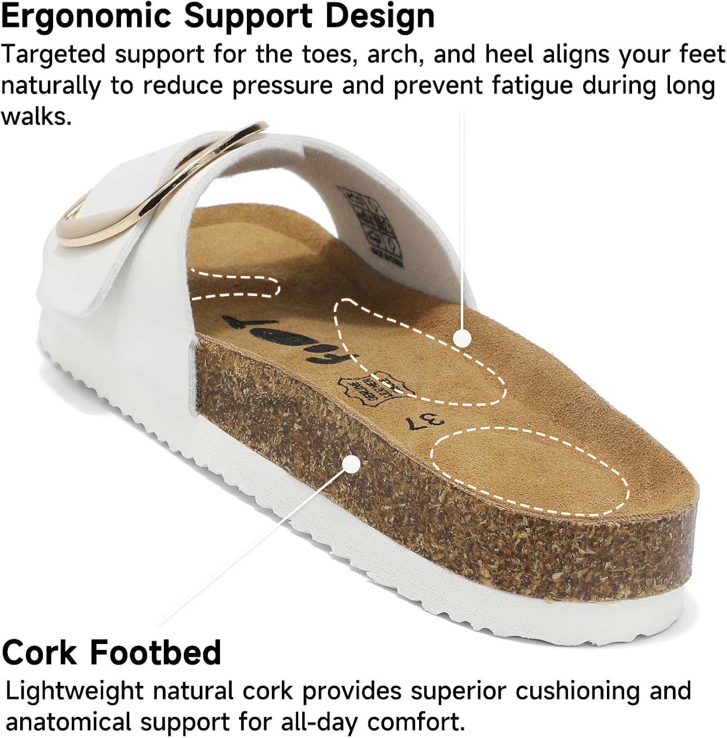 Detalle 2 de Chetoria Sandales Femme en Cuir Véritable – Semelle Liège, Boucle Dorée, Confort Ergonomique