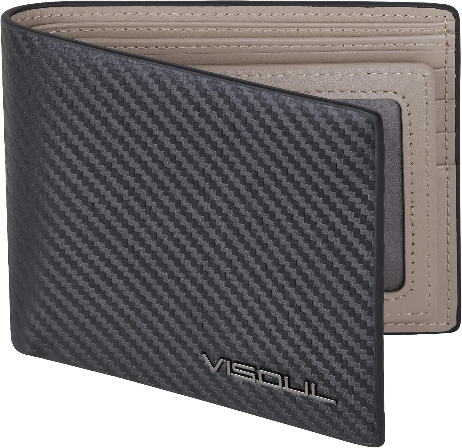 Detalle de VISOUL Portafoglio uomo in vera pelle con protezione RFID e portamonete slim, modello Bifold (Carbonio Nero+Grigio)