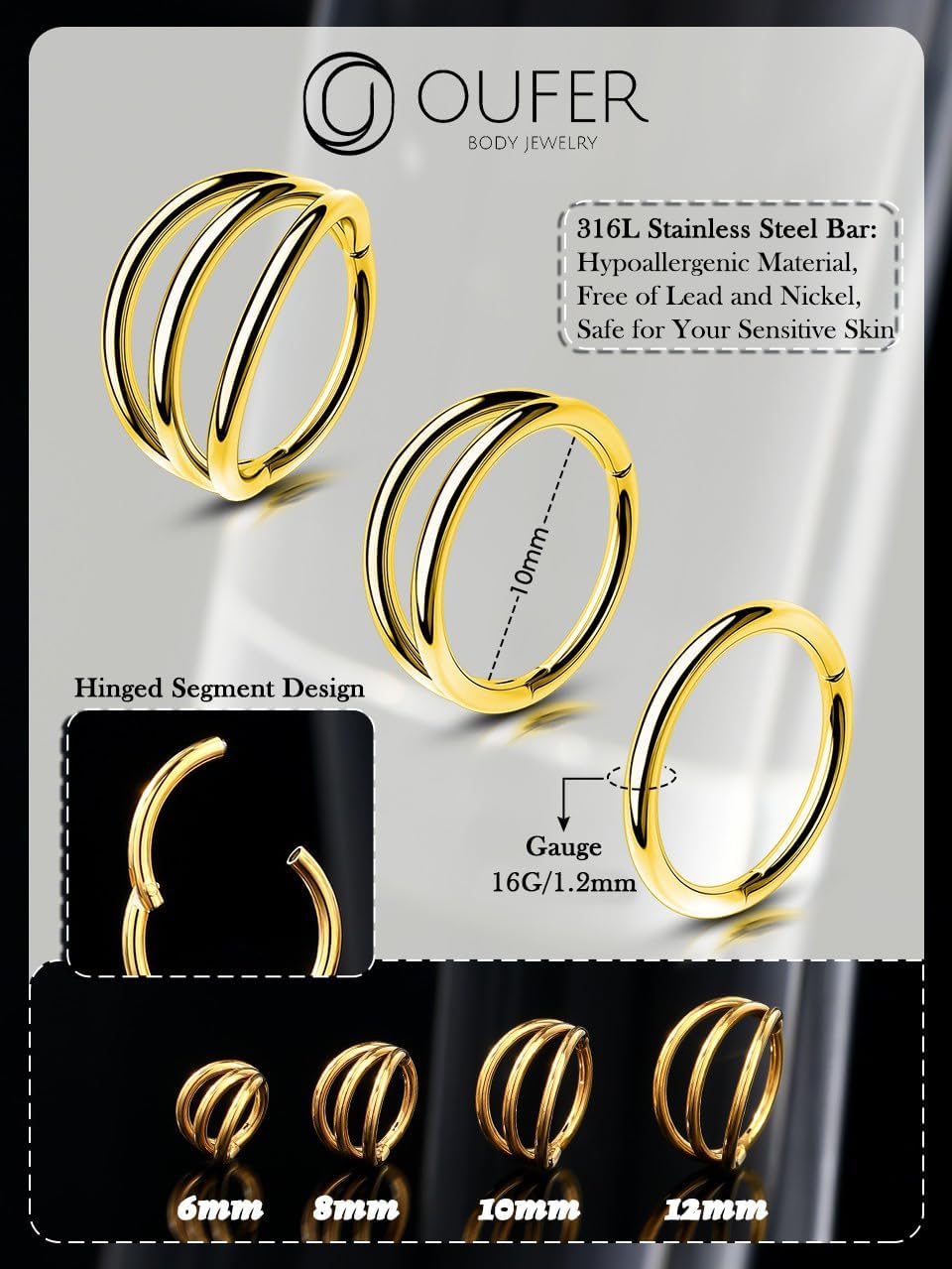 Detalle 1 de OUFER Cartilage Earring Hoops 3pcs 16G 316L
