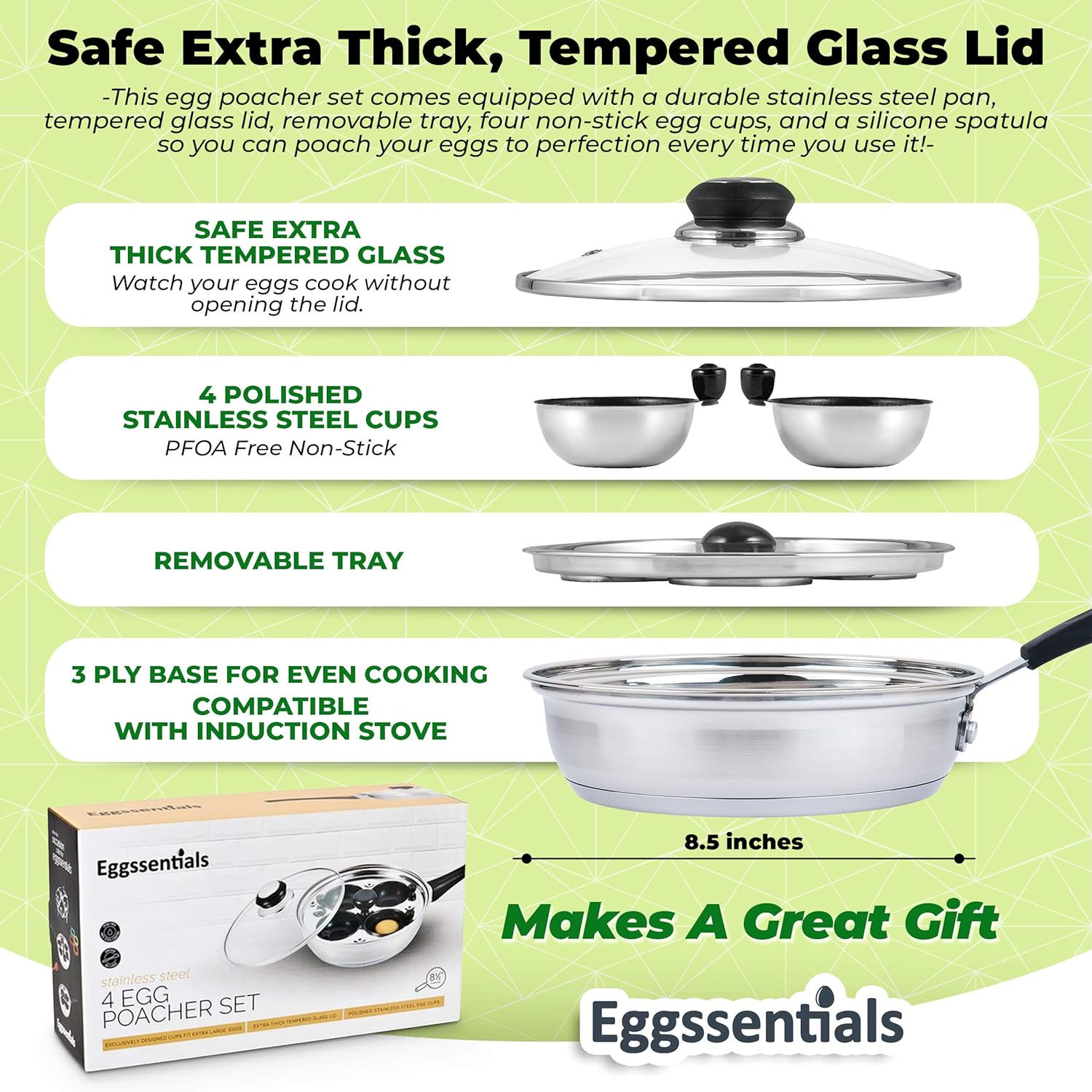 Thumbnail 5 de Eggssentials Egg Poacher (Stainless Steel Poached Egg Maker) with Spatula