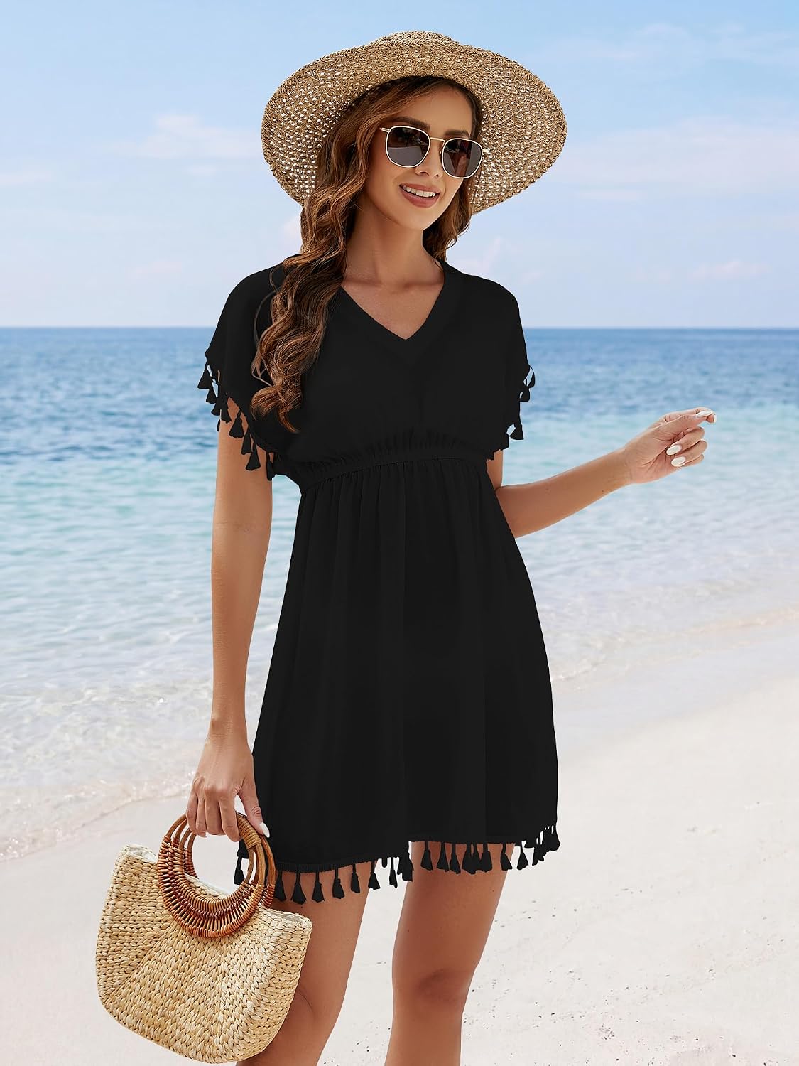 Detalle de StylSense Strandkleid Damen – leichter Bikini Cover Up mit V-Ausschnitt, Boho-Fransen und Taillenband