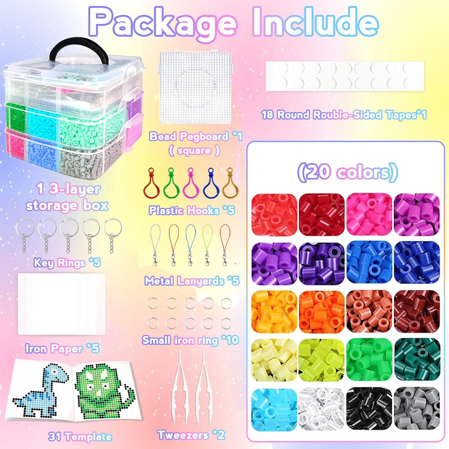 Detalle 2 de 20 Farben 5mm Bügelperlen Set mit Aufbewahrungsbox – 11000 Perlen, DIY Schmuck & Deko
