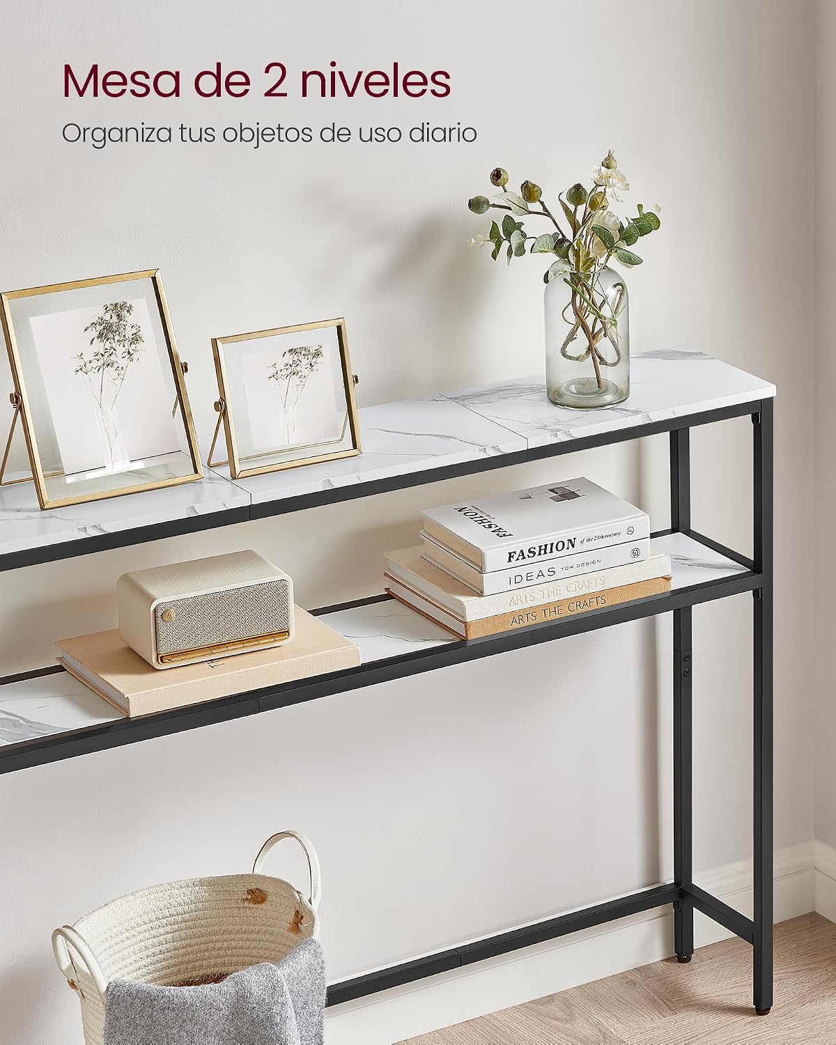 Detalle 2 de VASAGLE Mesa Consola 2 Niveles Blanco Mármol y Negro Tinta 🖤