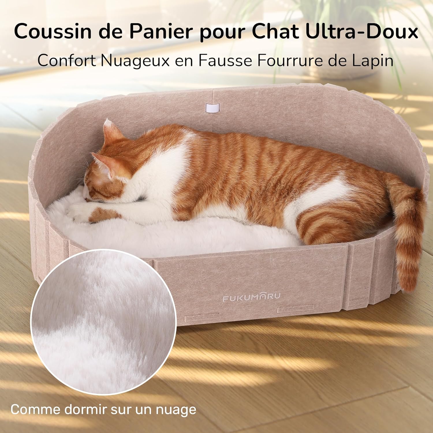 Thumbnail 2 de FUKUMARU lit pour chat d’intérieur 61 cm ovale en feutre camel