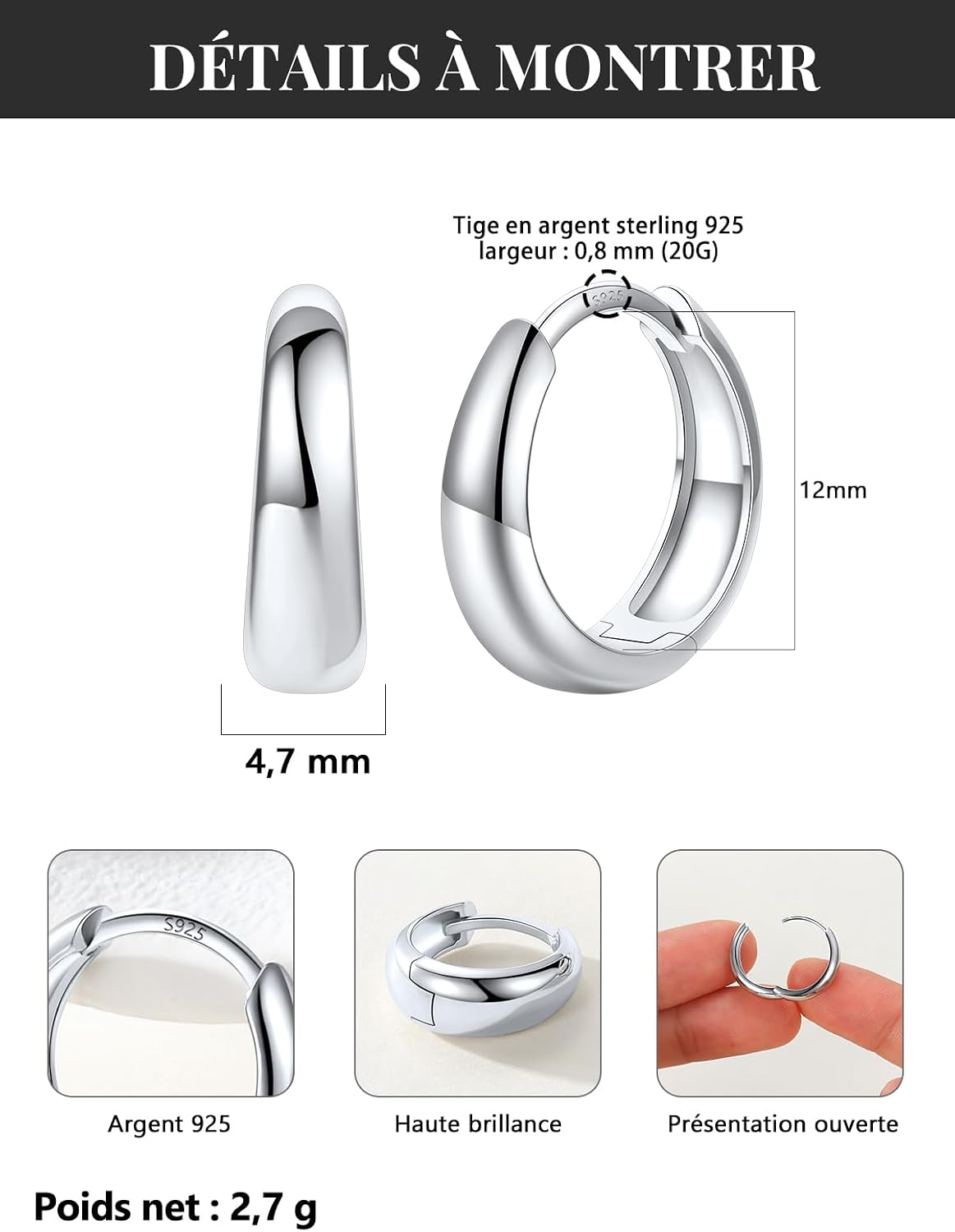 Detalle de Silvora Petit Créoles Argent 925 et Cuivre – Mini créoles hypoallergéniques en 8–14 mm