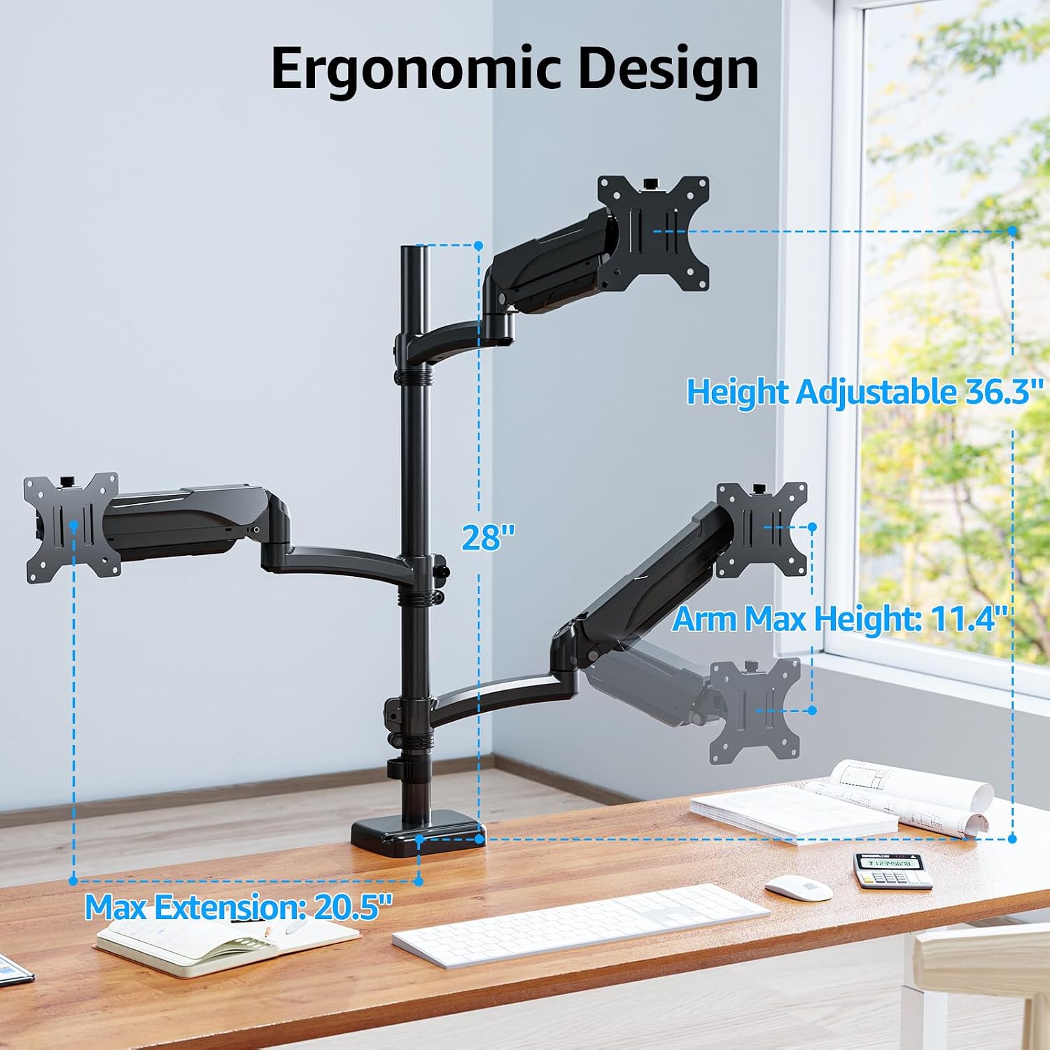 Detalle de MOUNTUP Monitor-Halterung für 3 Monitore EU6013A (bis 32"), dreifacher Monitorarm mit Höhenverstellung