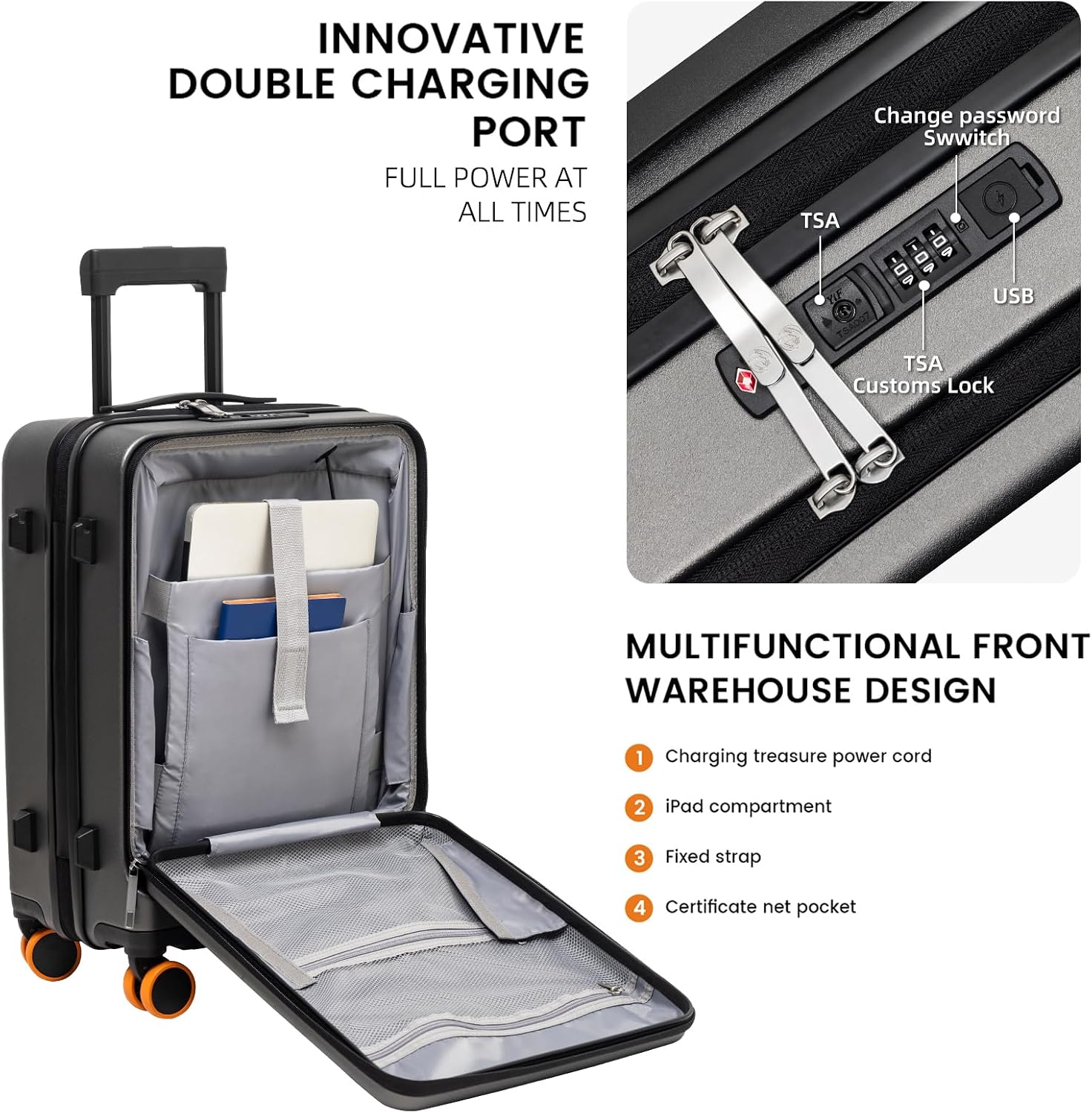 Detalle de HUIDA TECH Valise de cabine légère 20 pouces avec compartiment pour ordinateur, serrure TSA et chargement USB