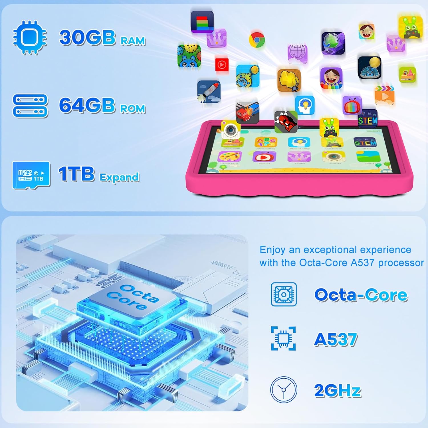 Detalle de DMOAO Kinder Tablet 10 Zoll – Android 15, 30 GB RAM, 64 GB ROM, Erweiterbarer Speicher bis 2 TB, 360° Ständer, EVA Schutzhülle
