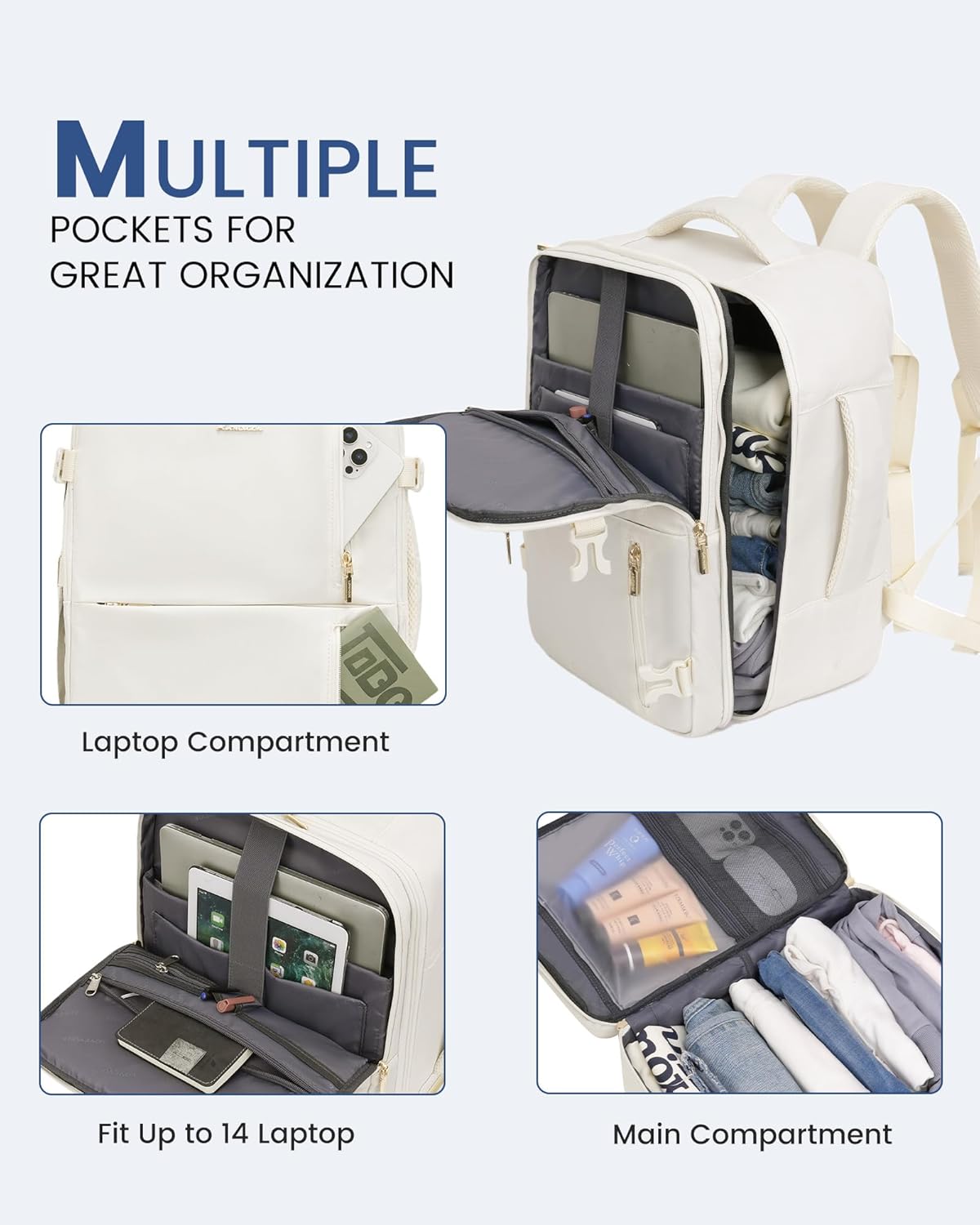 Detalle de LOVEVOOK Sac à Dos Voyage Avion 40x20x25 - Bagage cabine 20L, USB, 14'' PC, Beige